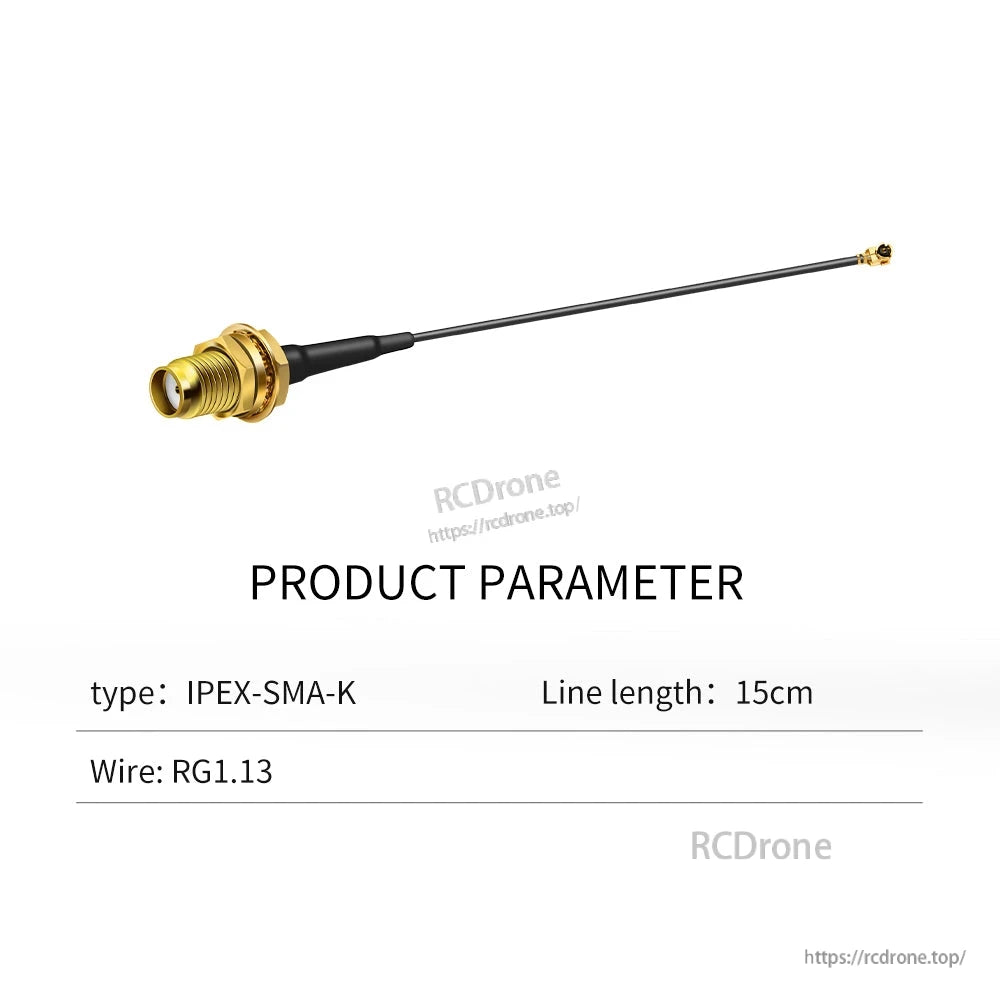Product parameter table for IPEX-SMA-K cable: 15 cm line length, RG1.13 wire