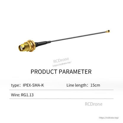 Product parameter table for IPEX-SMA-K cable: 15 cm line length, RG1.13 wire