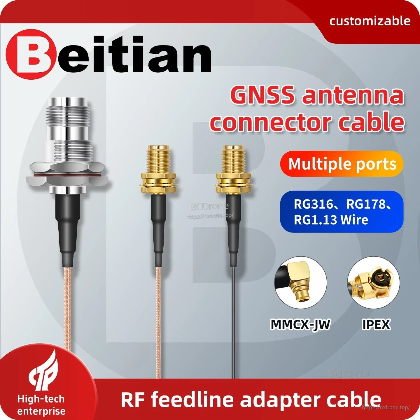 Beitian GNSS antenna connector cable graphic showing multiple ports and RF feedline adapter options