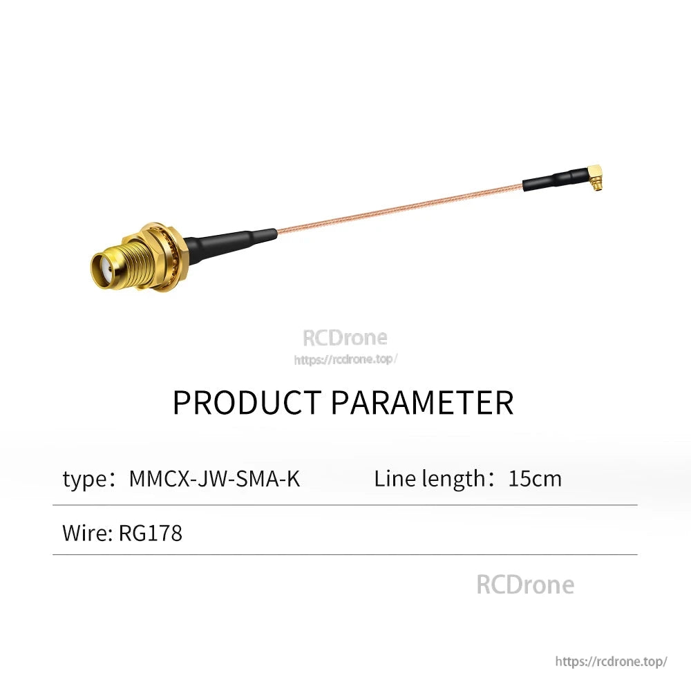 Product parameter table for MMCX-JW-SMA-K cable: 15 cm line length, RG178 wire