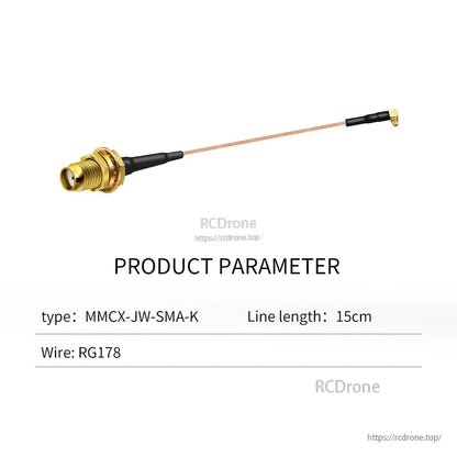 Product parameter table for MMCX-JW-SMA-K cable: 15 cm line length, RG178 wire