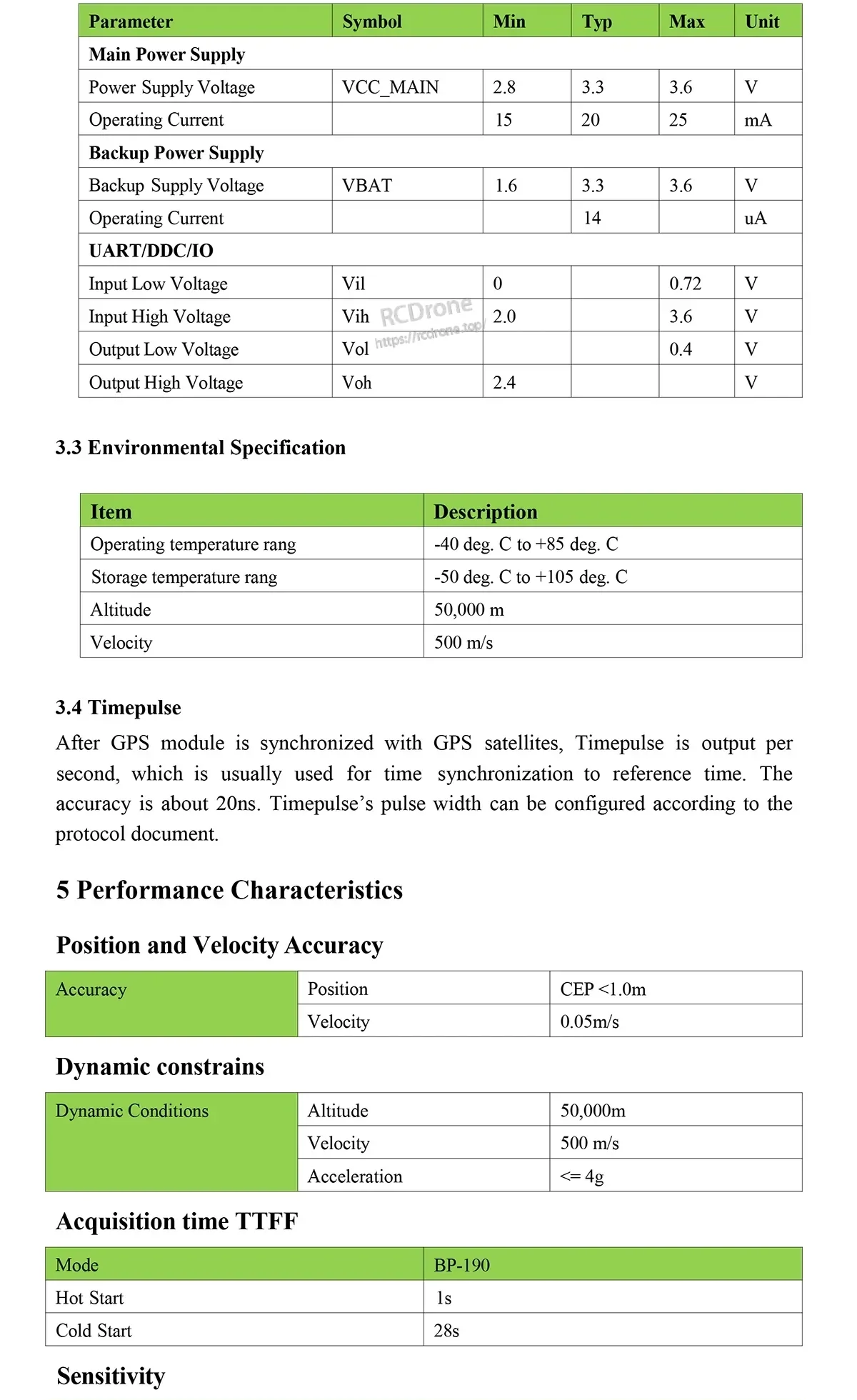 BP-190 electrical, environmental and timing/performance tables including VCC_MAIN/VBAT ranges, current, and operating temperature