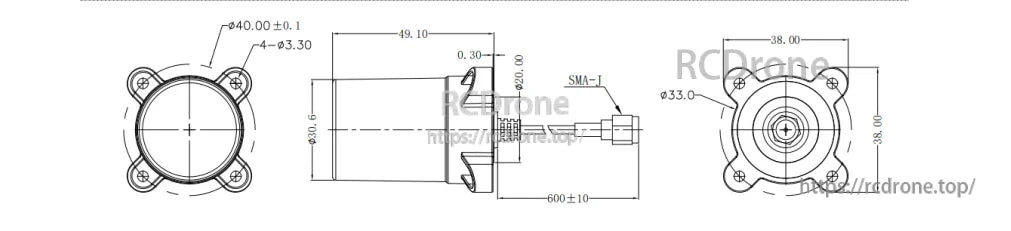 BT-T009 mounting and outline dimensions drawing with 4-hole flange pattern and overall size details