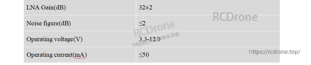 LNA electrical specifications table for BT-T009: 32±2 dB gain, 3.3–12 V supply, ≤50 mA current
