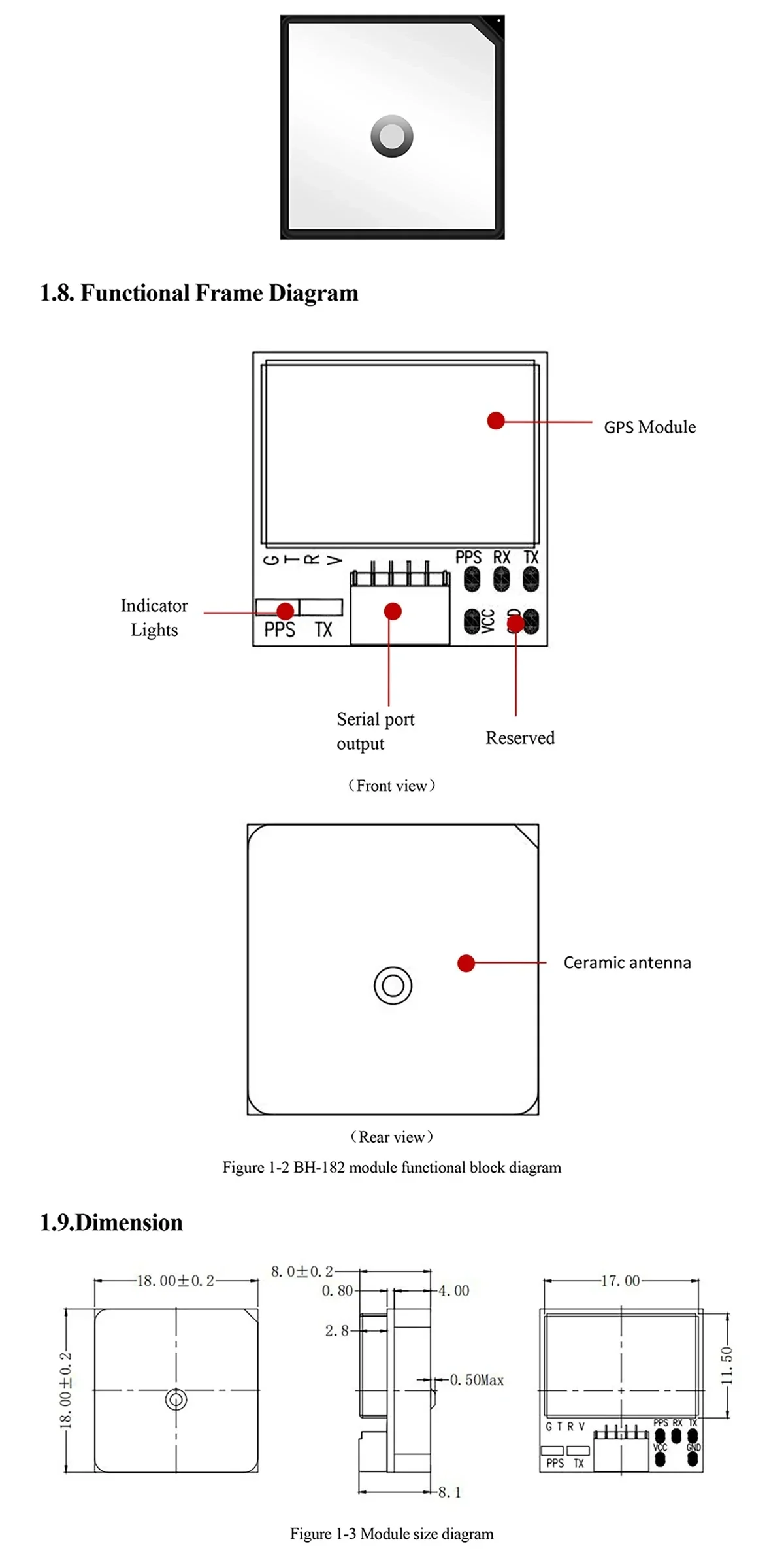 BH-182 functional frame diagram showing front/rear views, indicator lights, serial port pads and ceramic antenna, plus dimensions