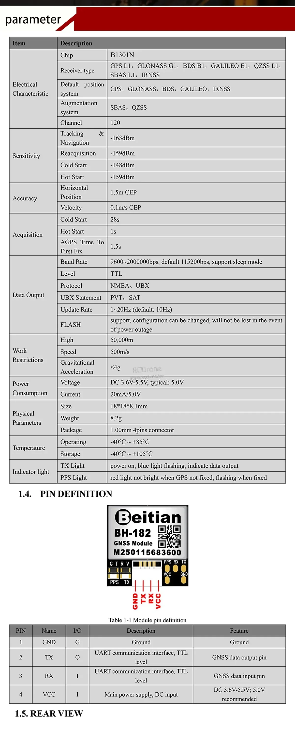 Beitian BH-252Q GNSS precision module specification sheet with parameter table and pin definition (VCC, GND, TX, RX, PPS)