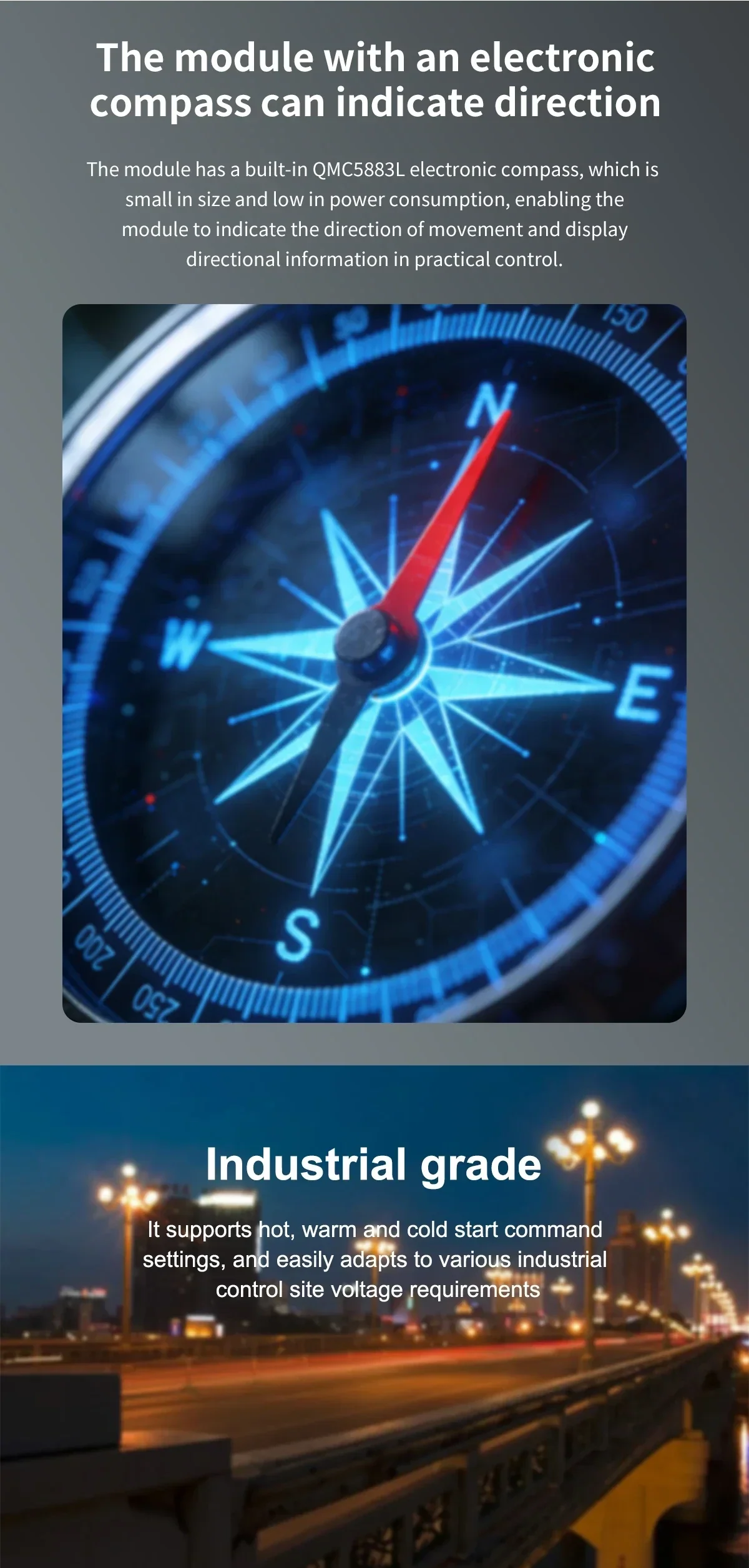 Marketing graphic referencing electronic compass direction indication and industrial-grade operation (no wiring details)