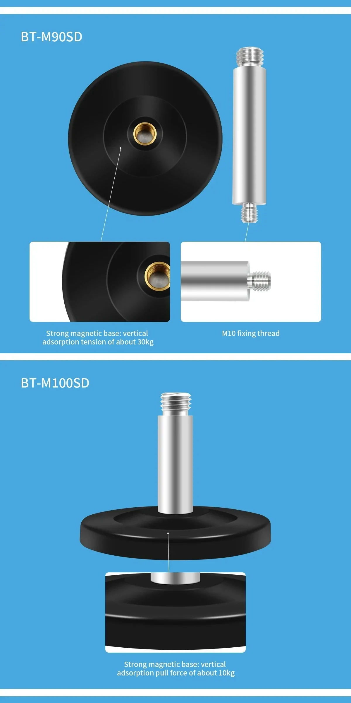Base structure details for BT-M90SD and BT-M100SD, showing magnetic base pull-force notes and M10 fixing thread