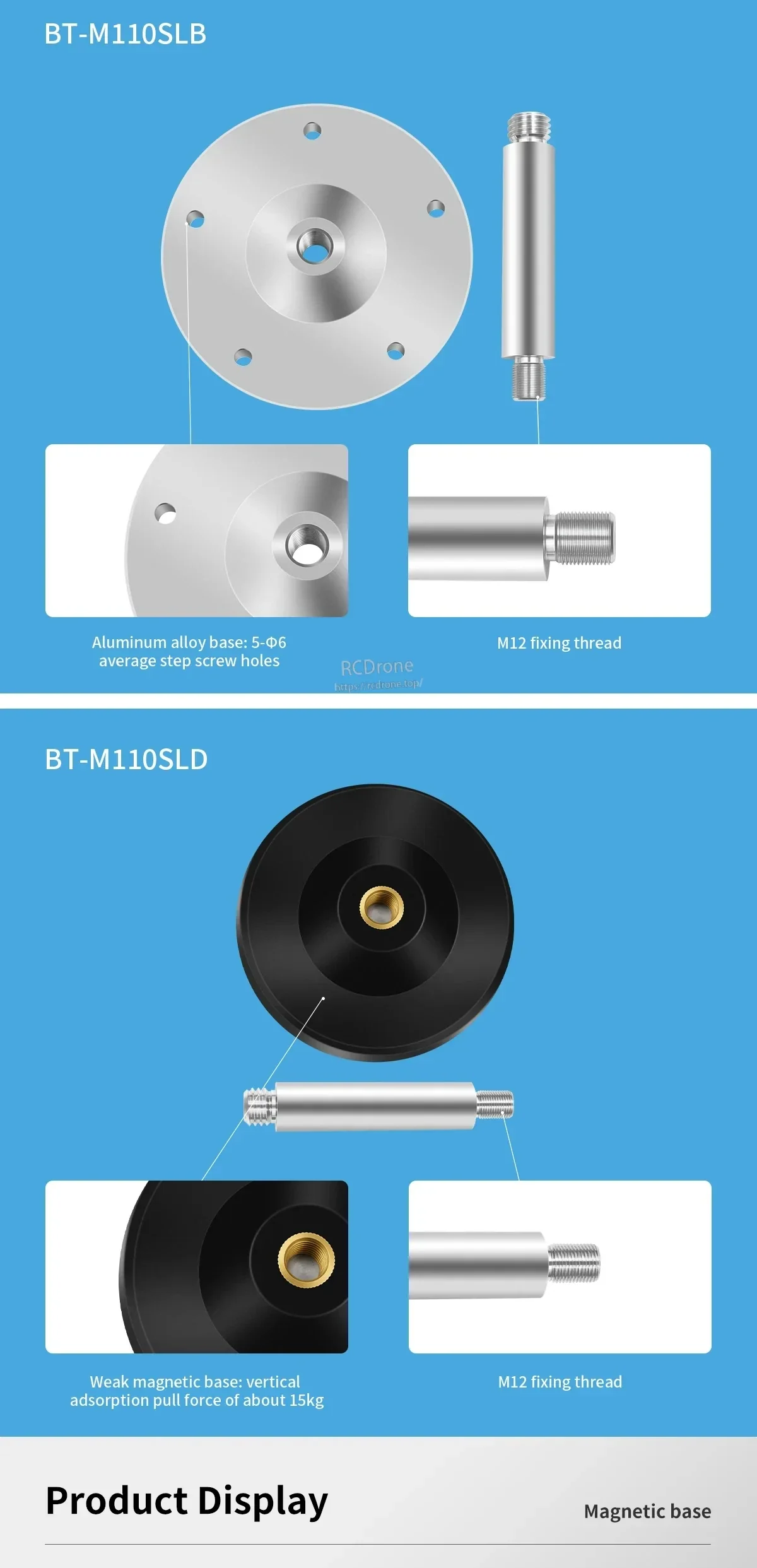 BT-M110SLB and Beitian BT-M110SLD GNSS RTK Antenna base details, including M12 fixing thread and magnetic base design