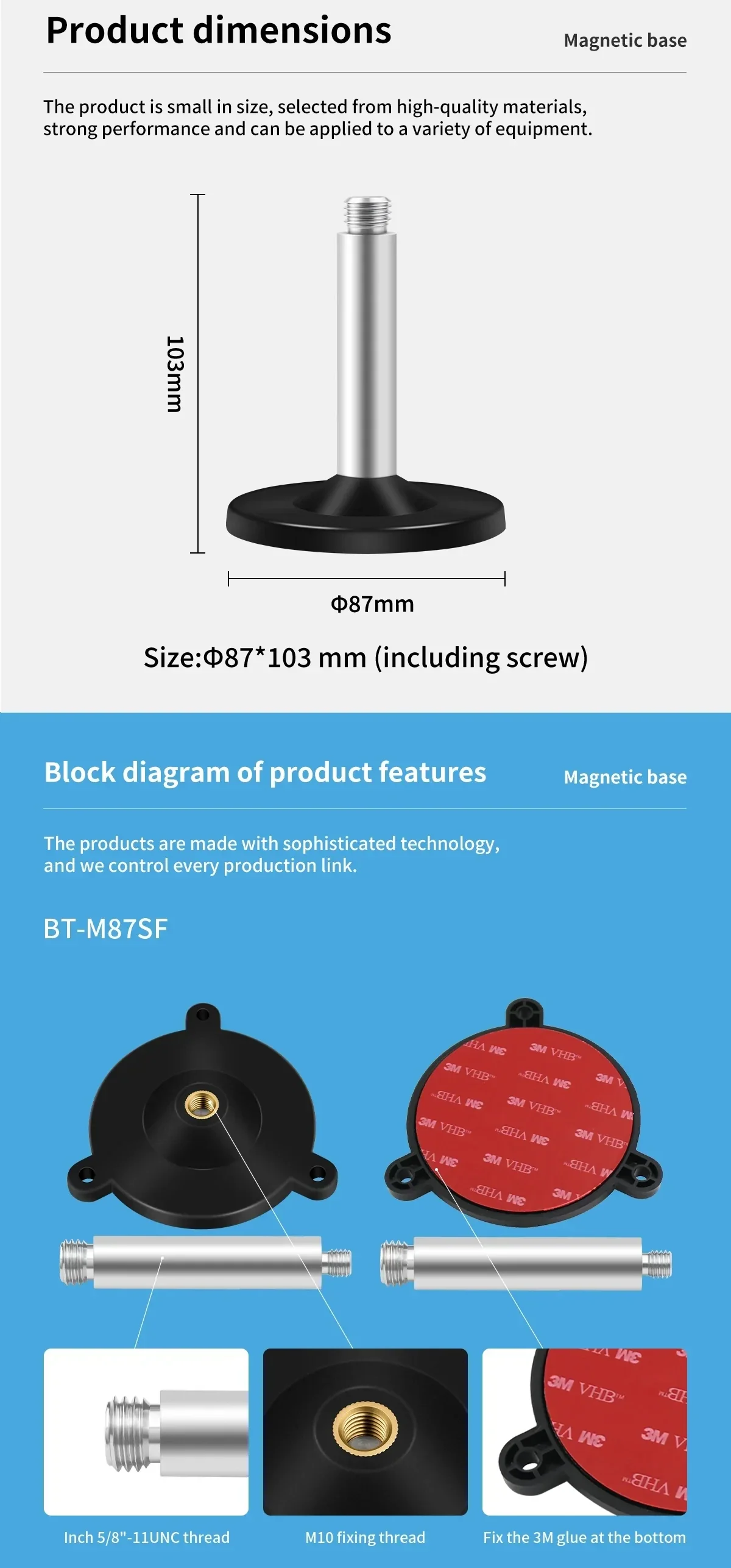 Product dimensions and feature callouts for BT-M87SF base, including 5/8"-11UNC thread and bottom adhesive pad detail