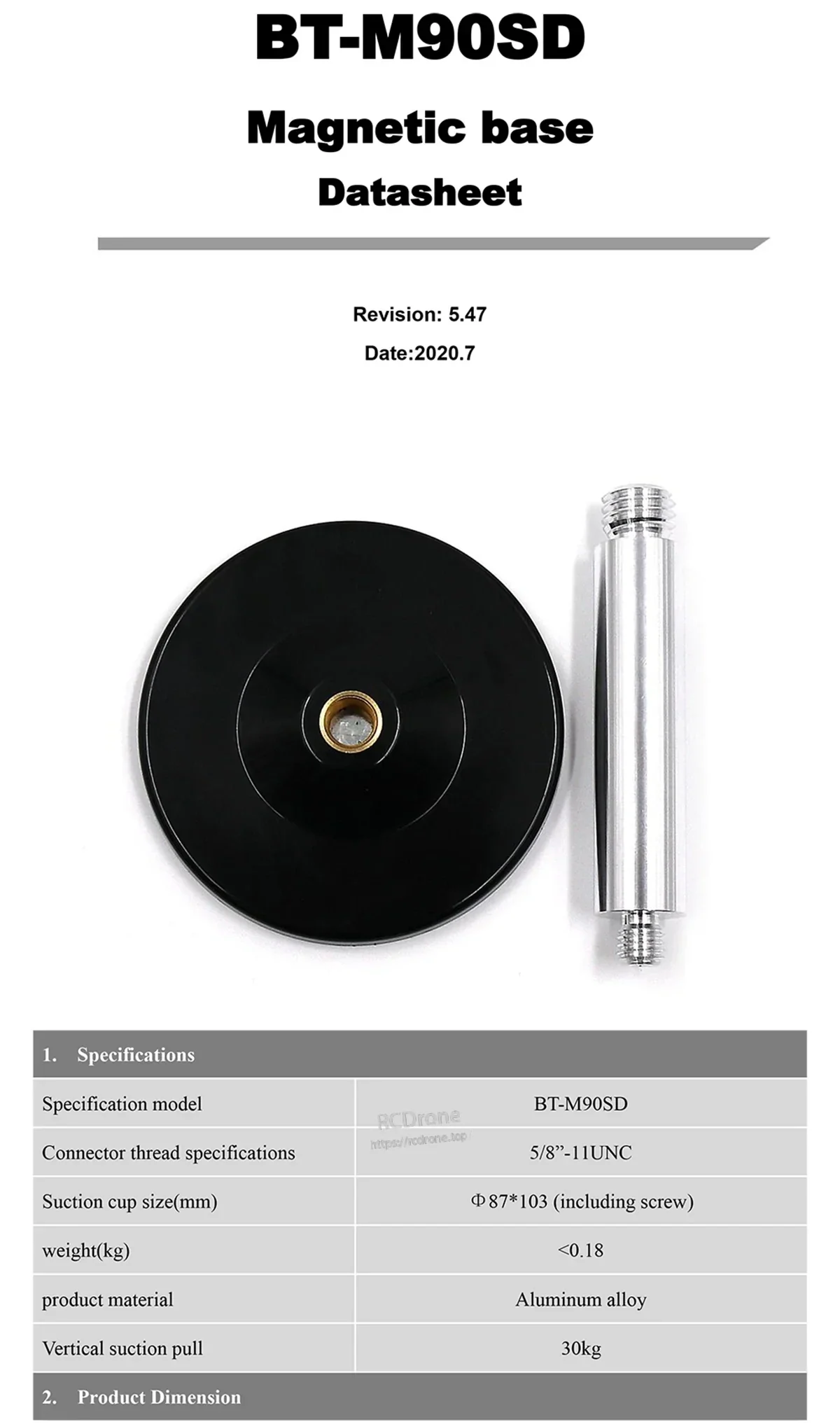 BT-M90SD magnetic base datasheet cover showing round base and aluminum alloy screw, 5/8"-11UNC connector thread