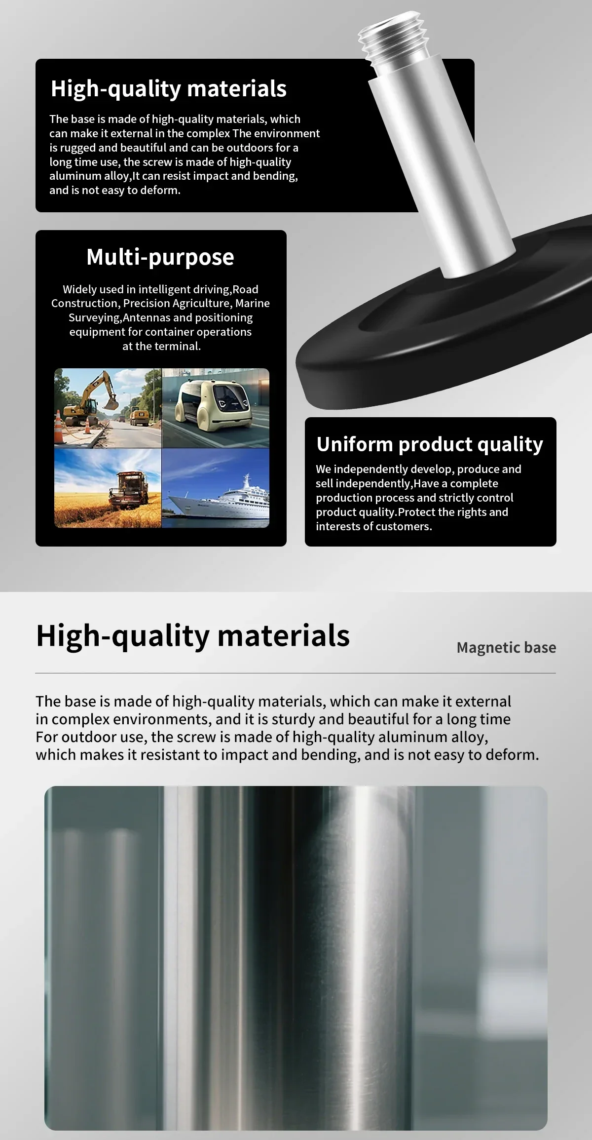 Close-up marketing panel highlighting aluminum alloy screw materials and multipurpose use for antenna magnetic base mounts