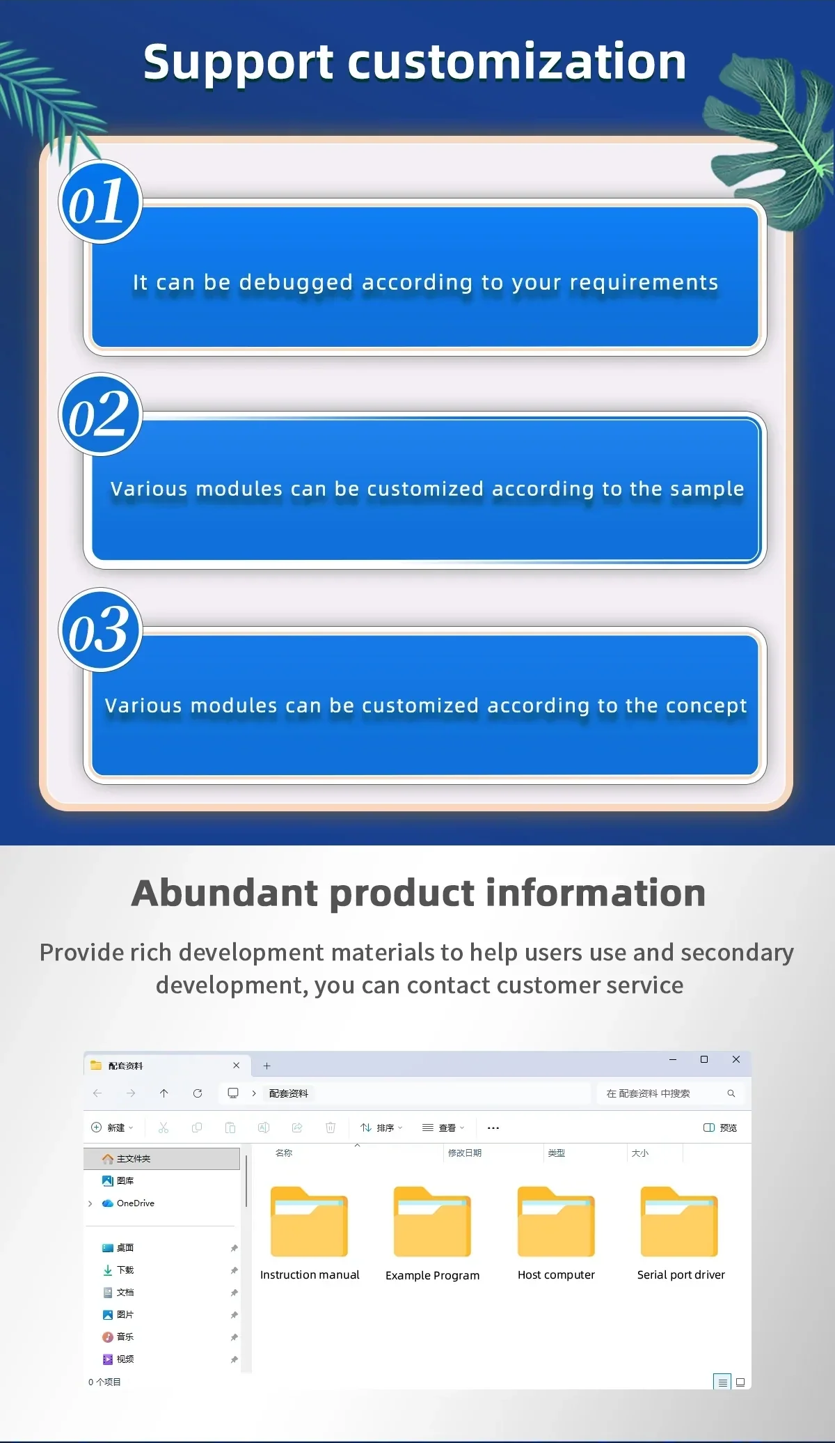 Support customization graphic for Beitian GNSS modules with development materials and customer service info