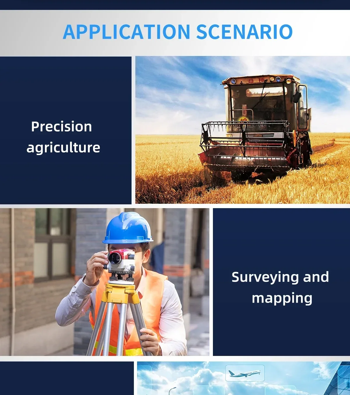 GNSS module application scenarios graphic: precision agriculture and surveying/mapping use cases