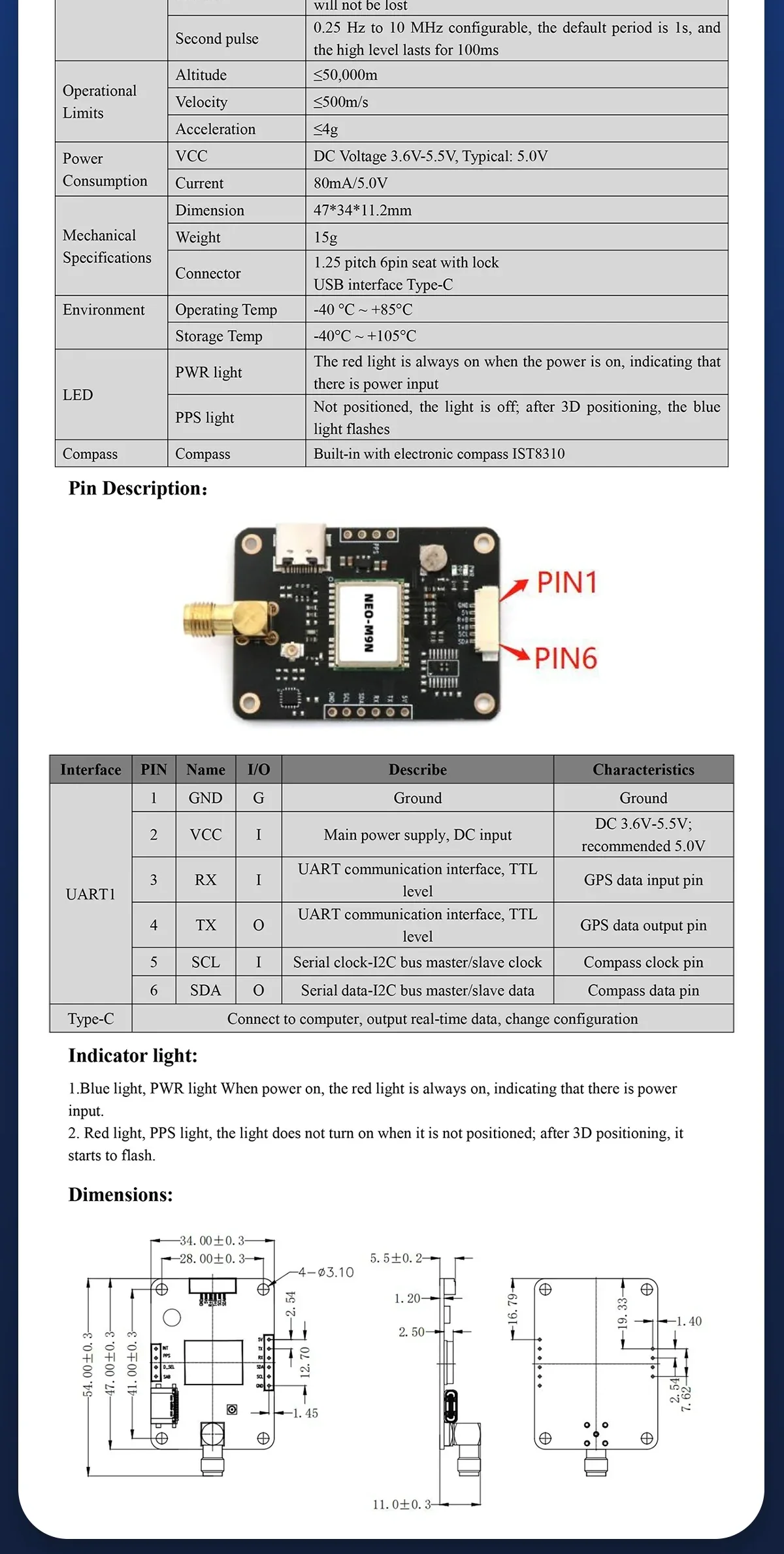 BT-M002 GNSS module pin definition, wiring interface table, indicator lights, and mechanical dimensions