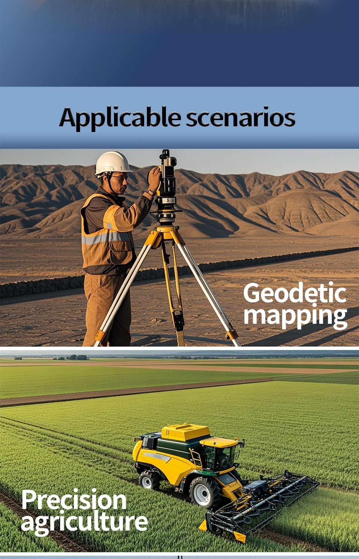 Applicable scenarios poster for GNSS antenna use in geodetic mapping and precision agriculture field operations