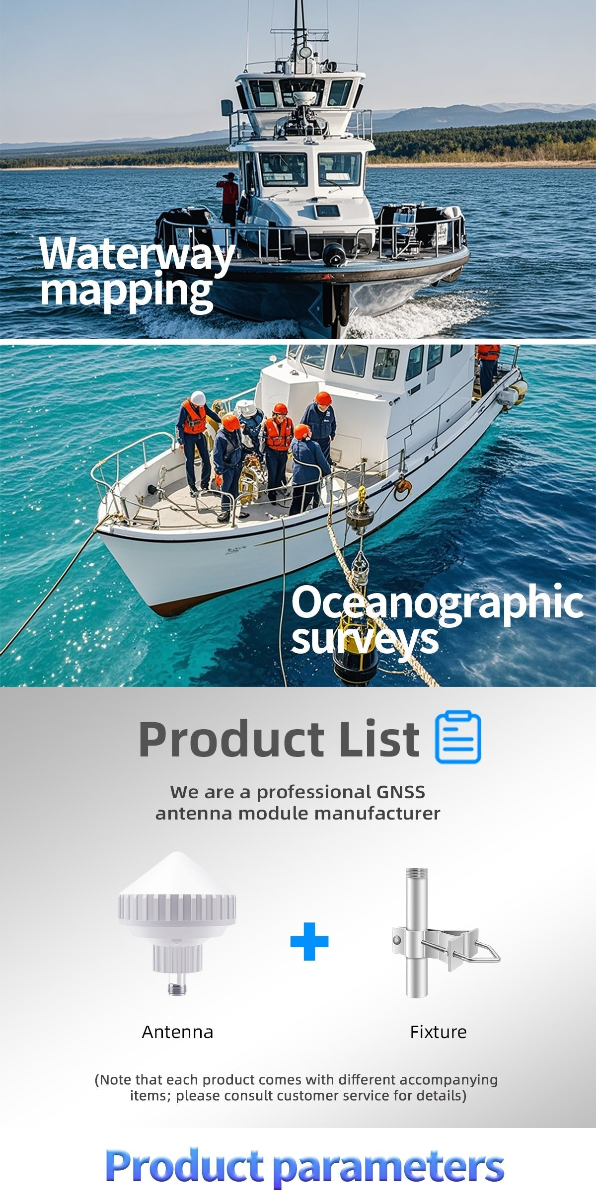 Waterway mapping and oceanographic survey applications plus product contents showing antenna and optional fixture