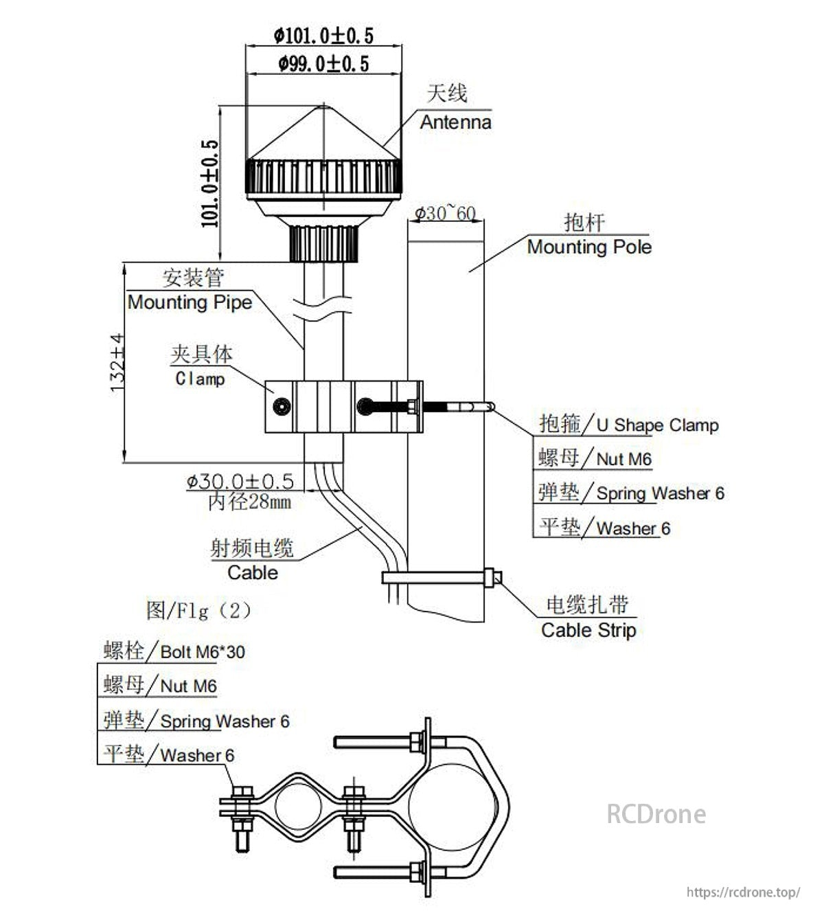 BT-722 installation and mounting drawing with clamp parts, cable routing, and pole diameter range 30–60 mm