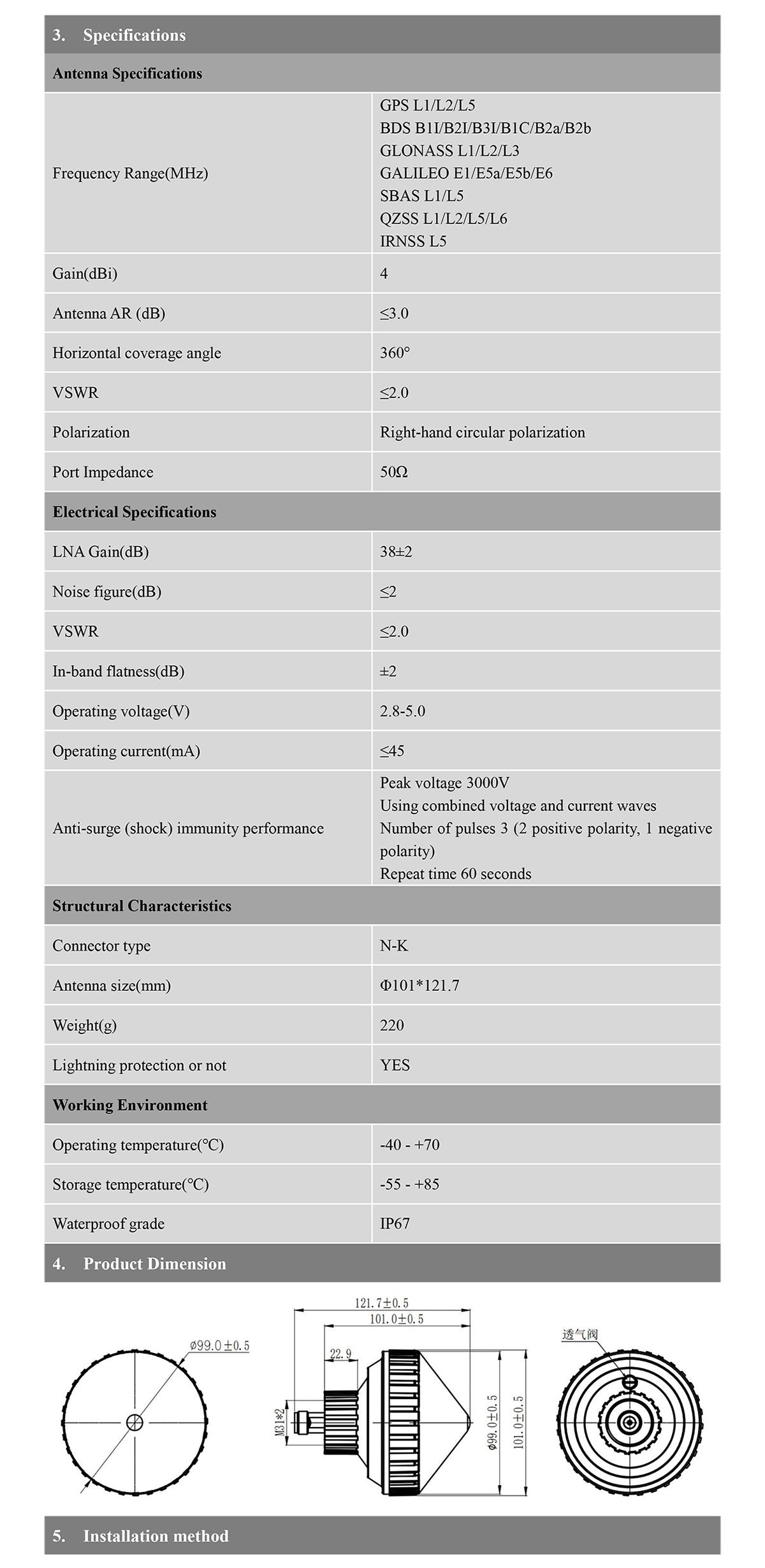 Beitian BT-722 GNSS timing antenna specification table with frequency bands, gain, LNA, voltage, IP67 and dimensions