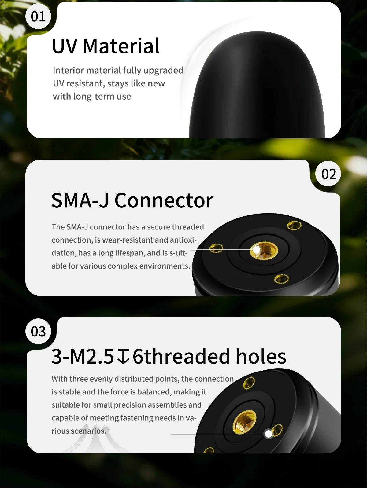 Close-ups of UV-resistant housing, SMA-J connector, and three M2.5 threaded mounting holes