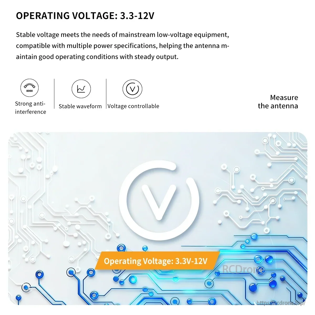 Operating voltage range graphic for the antenna, showing 3.3–12 V compatibility and stable output