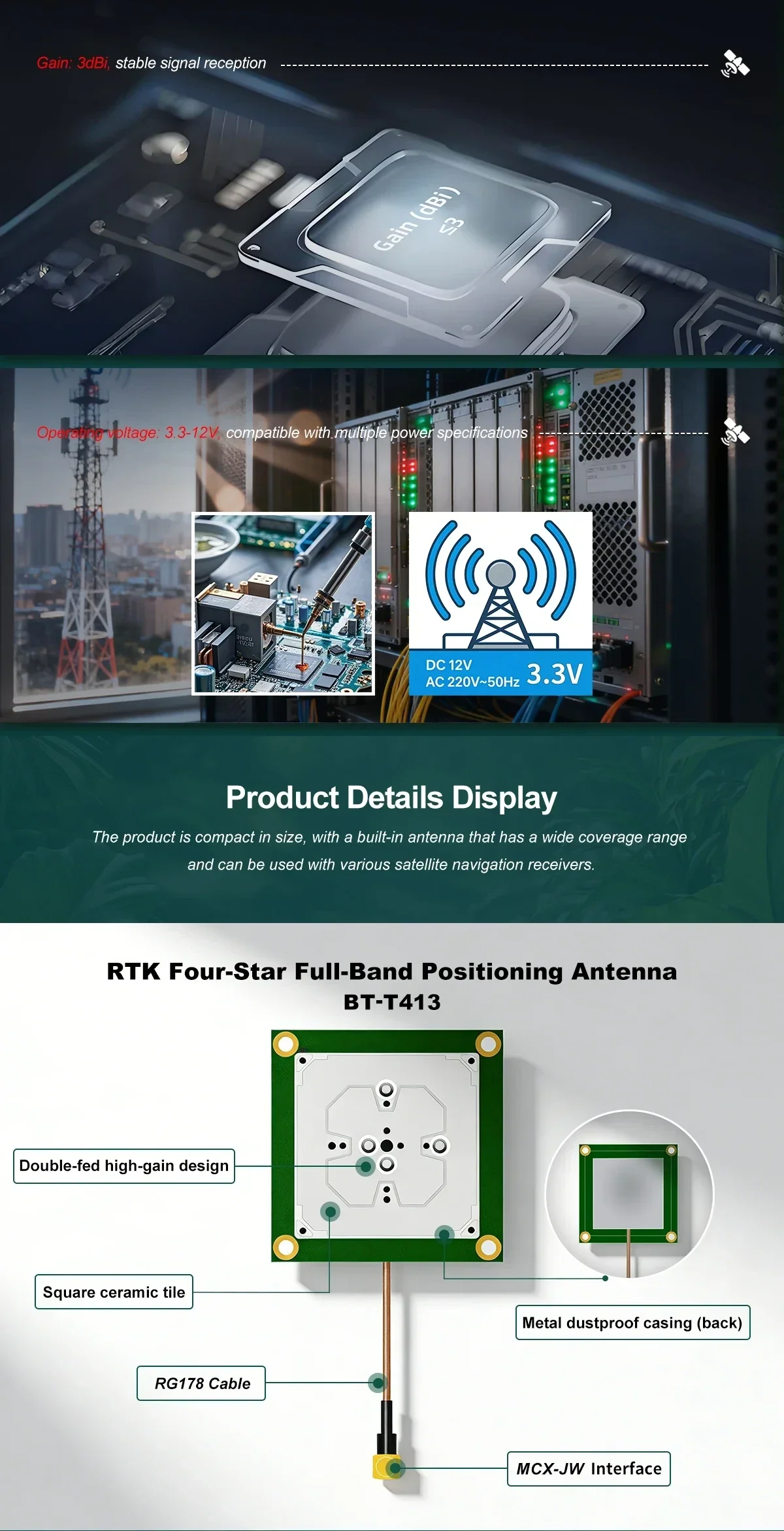 BT-T413 product details showing double-fed high-gain design, square ceramic tile, metal dustproof back, MCX-JW and RG178 cable