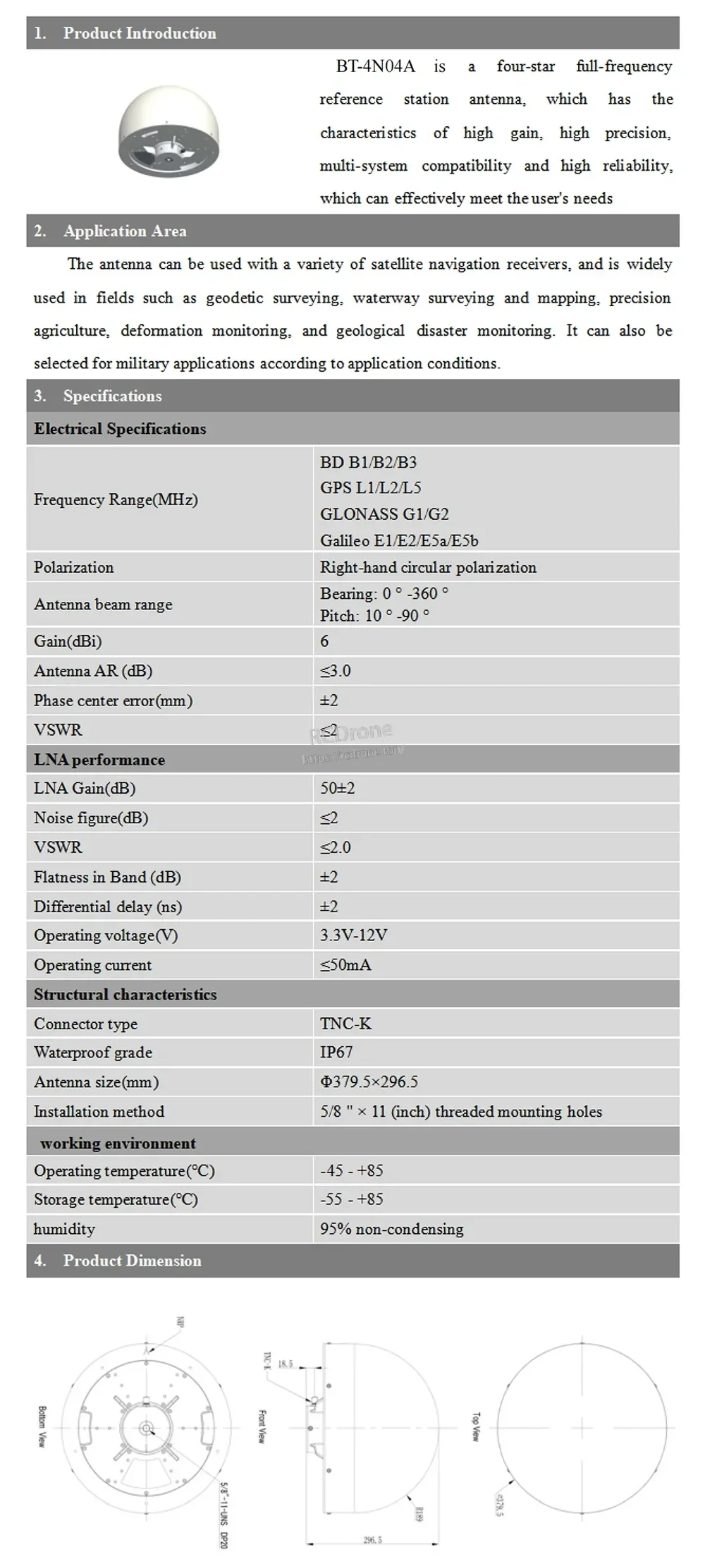BT-4N04A electrical specifications table and mechanical dimension drawing (5/8×11 mounting)