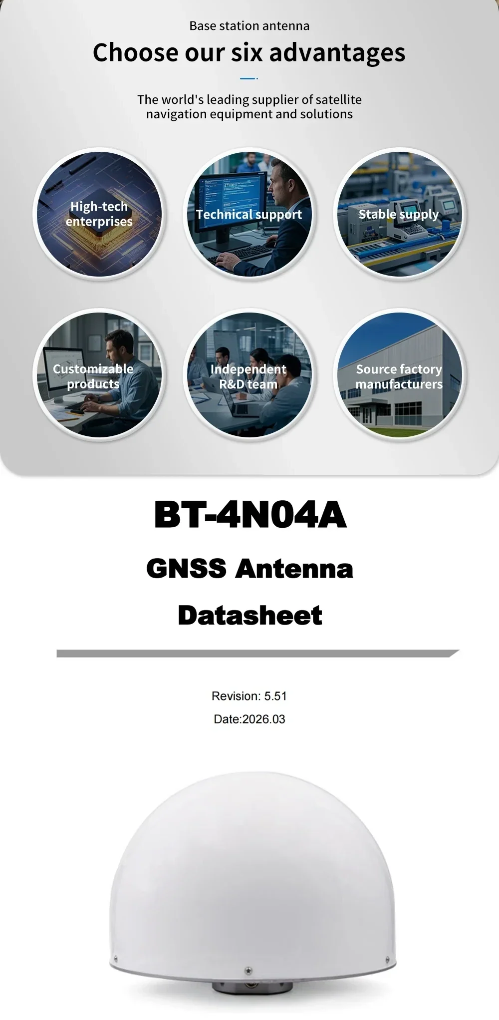 BT-4N04A GNSS antenna datasheet cover with supplier advantages and revision/date information