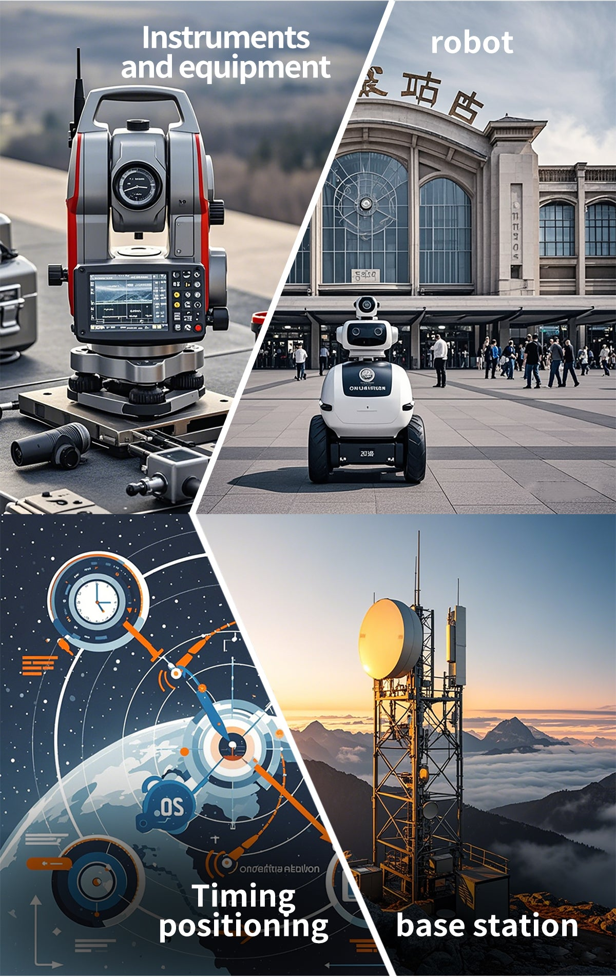 Application collage for GNSS antenna use in instruments, robots, timing positioning systems, and base stations