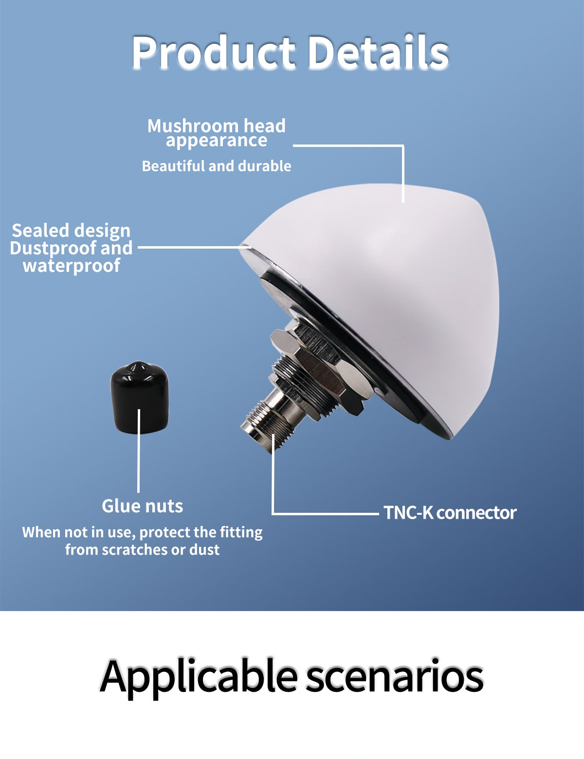 Close-up of antenna housing and TNC-K connector with sealed design and included protective glue nut cap