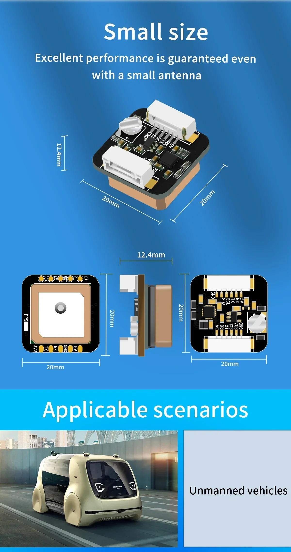 Beitian BE-240i M10/M10050 GNSS GPS module dimensions graphic showing compact 20 mm class board and thickness