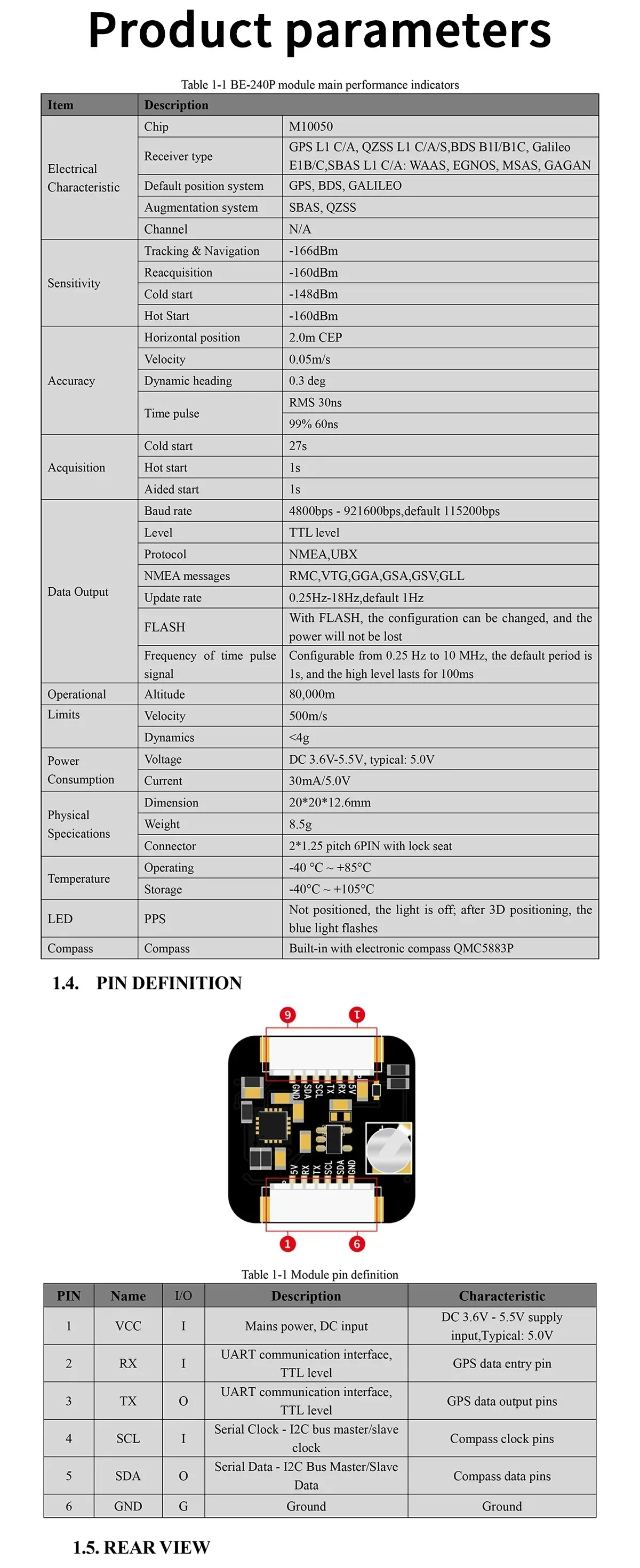 Beitian 240 series product parameters sheet with pin definition table for serial port GNSS module (NMEA/UBX TTL)