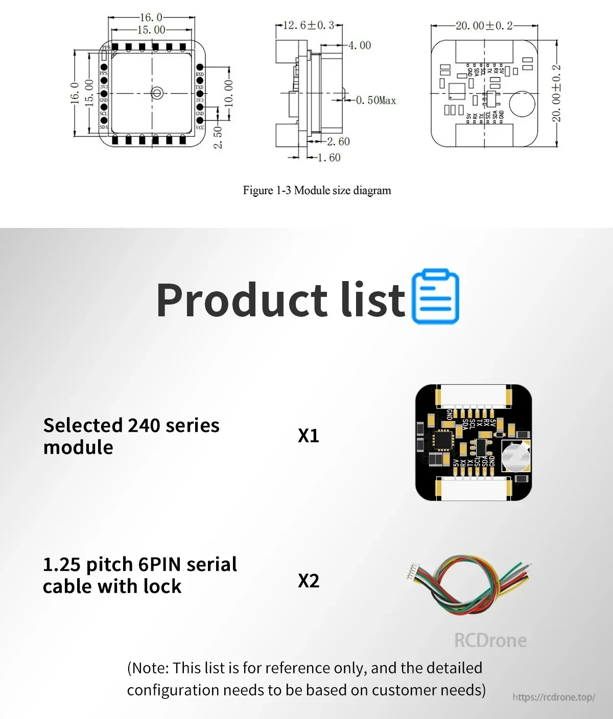 Module size drawing and package contents list showing selected 240 series module and two 6-pin 1.25 pitch cables