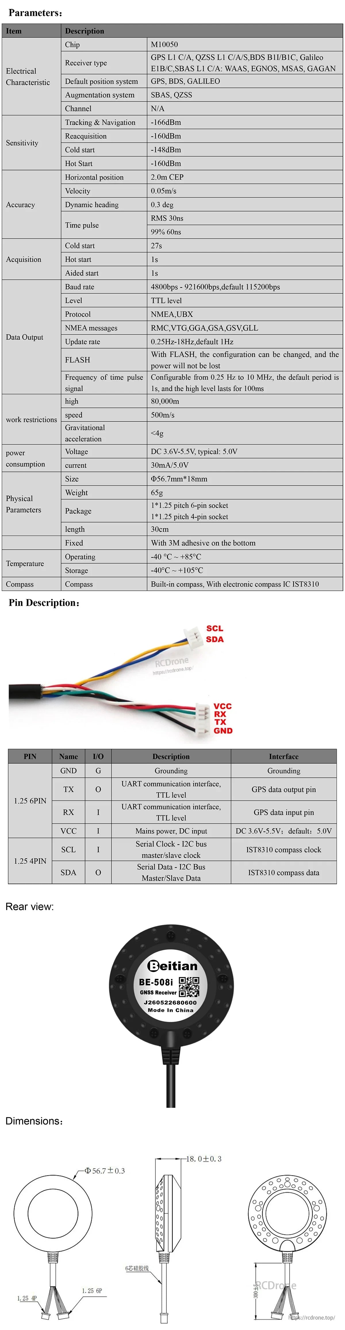 BE-508i GNSS receiver module spec sheet with UART/I2C pinout and dimensions for UAV flight controllers
