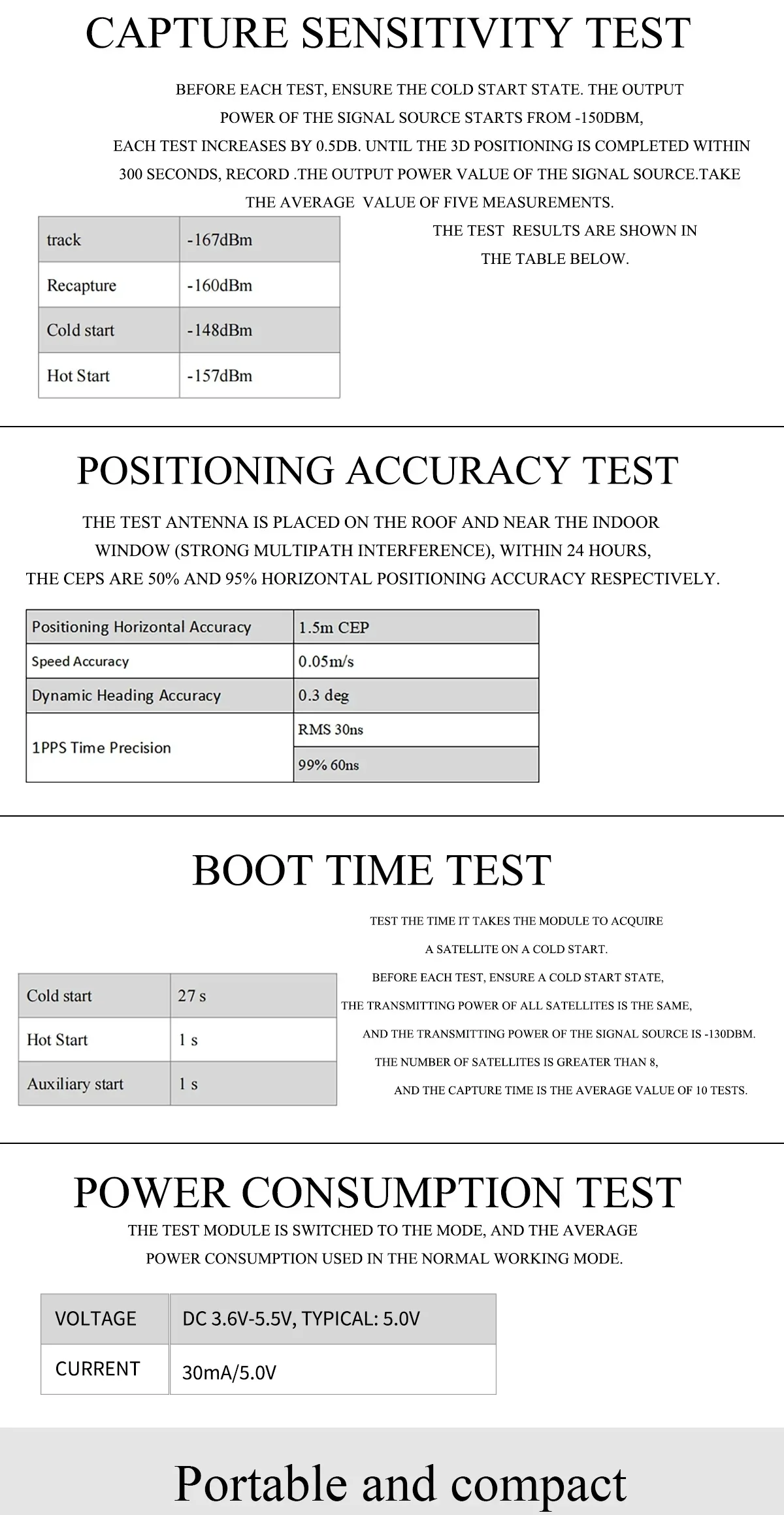 Beitian BE-280 capture sensitivity, positioning accuracy, boot time, and power test results