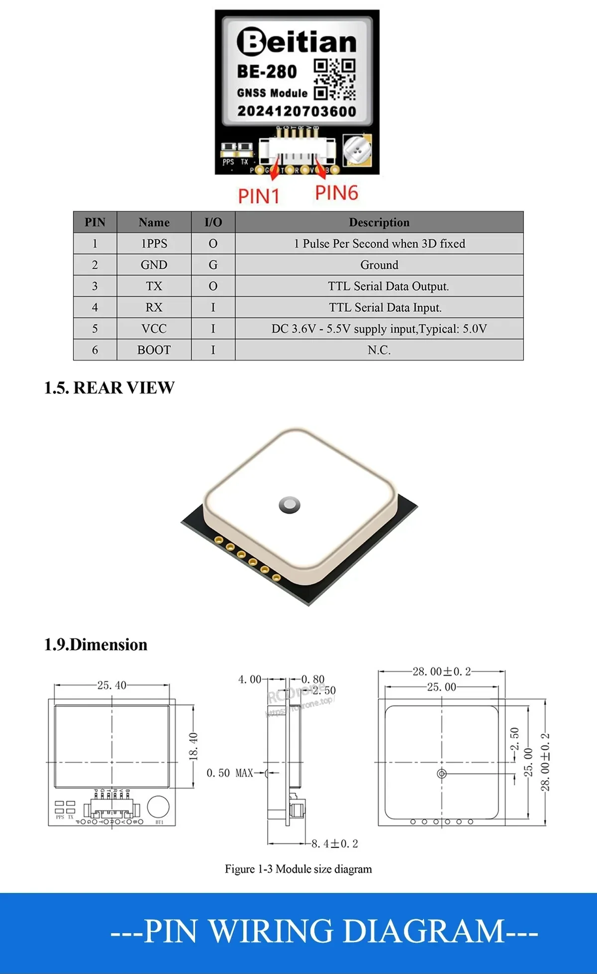 Beitian BE-280 pin definition and module dimensions for TTL wiring