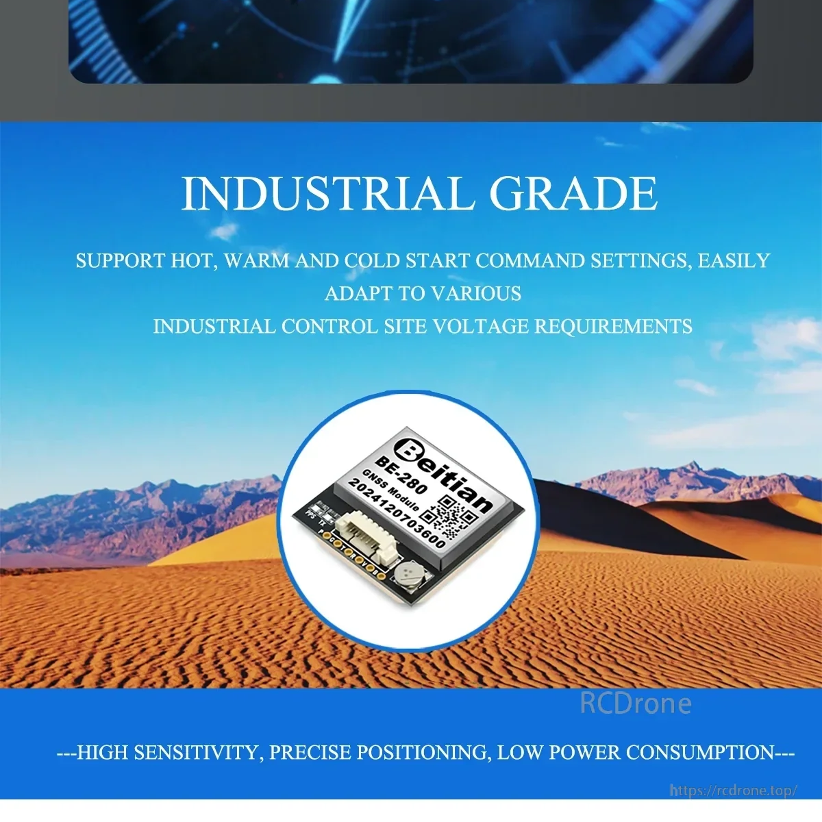 Beitian BE-280 industrial-grade GNSS receiver module on a desert background