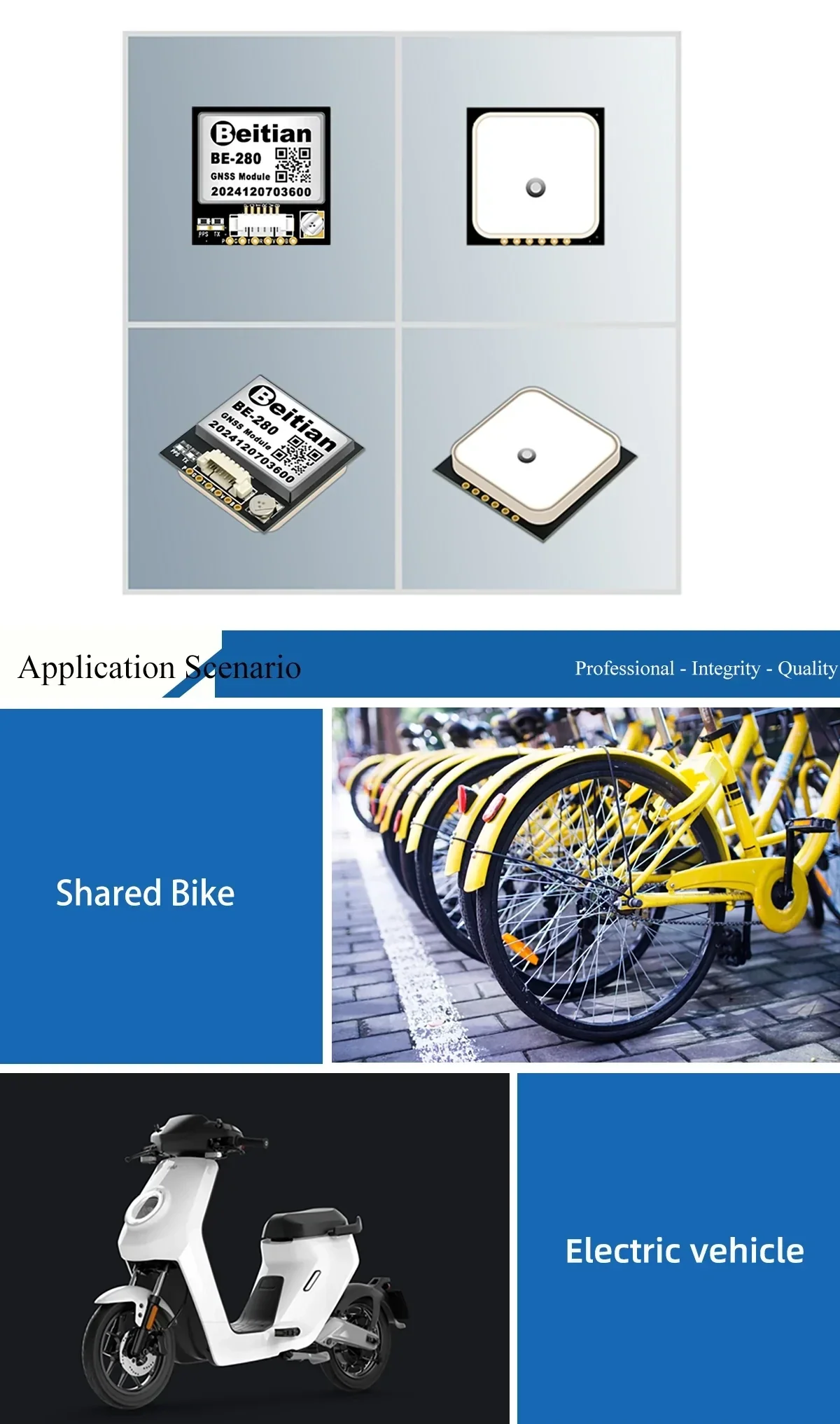 Beitian BE-280 application examples for shared bikes, electric vehicles, and unmanned vehicles