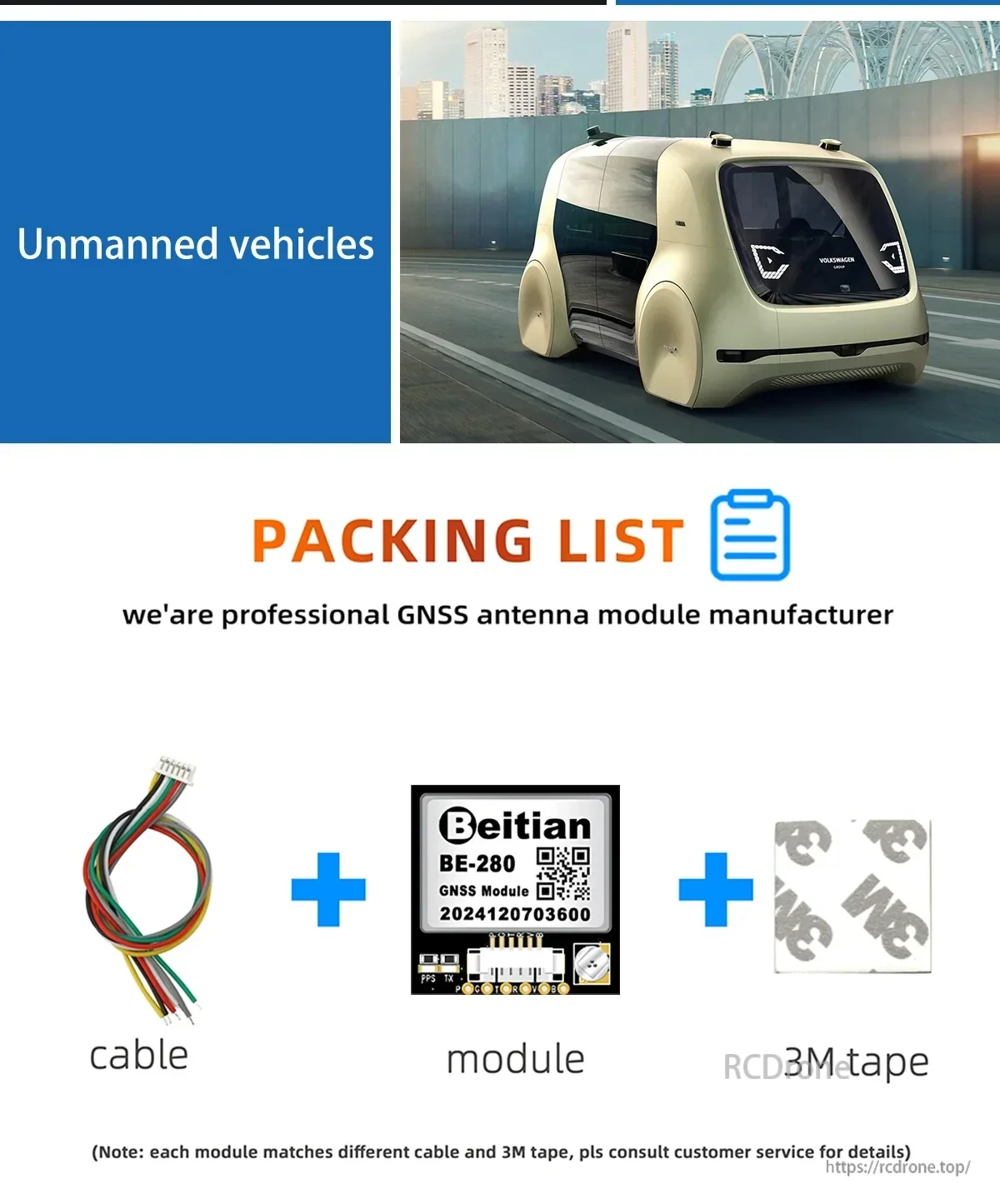 Beitian BE-280 packing list with cable, module, and 3M tape included