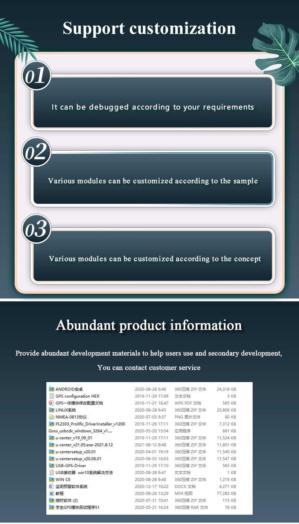 Support customization options for Beitian M9 M9140 GNSS CAN module, plus downloadable development materials list