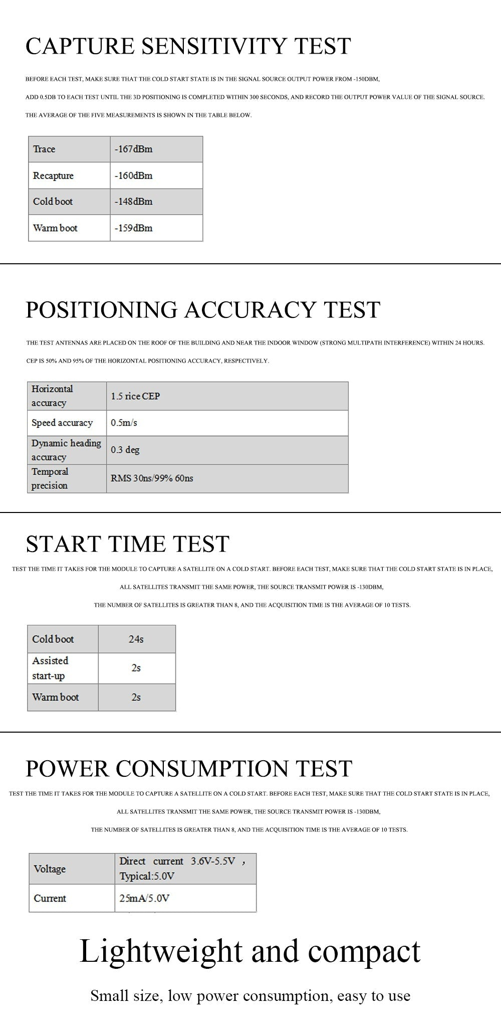 Sensitivity, positioning accuracy, start time, and power consumption test tables for the Beitian GNSS module