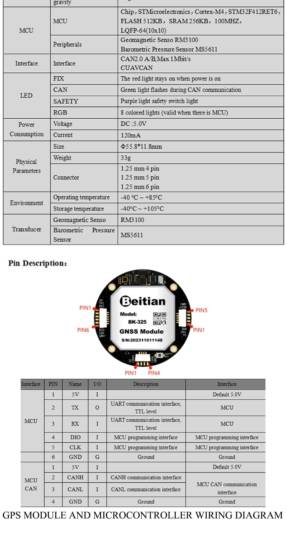 BK-325 specification table with pin description and GPS module to microcontroller wiring diagram (CAN/UART)