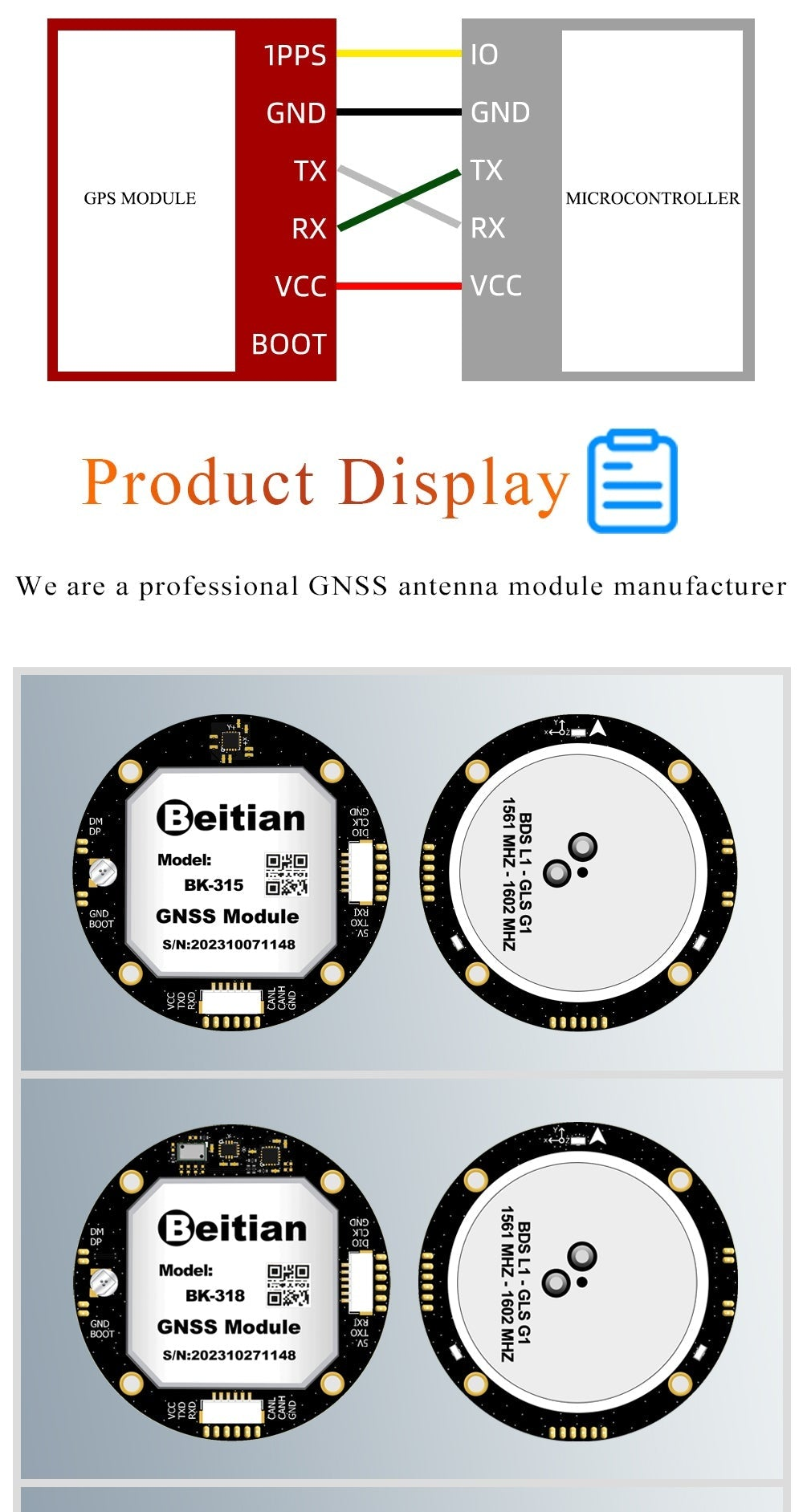 IO pin mapping diagram (PPS/GND/TX/RX/VCC/BOOT) and product display of BK-315 and BK-318 modules
