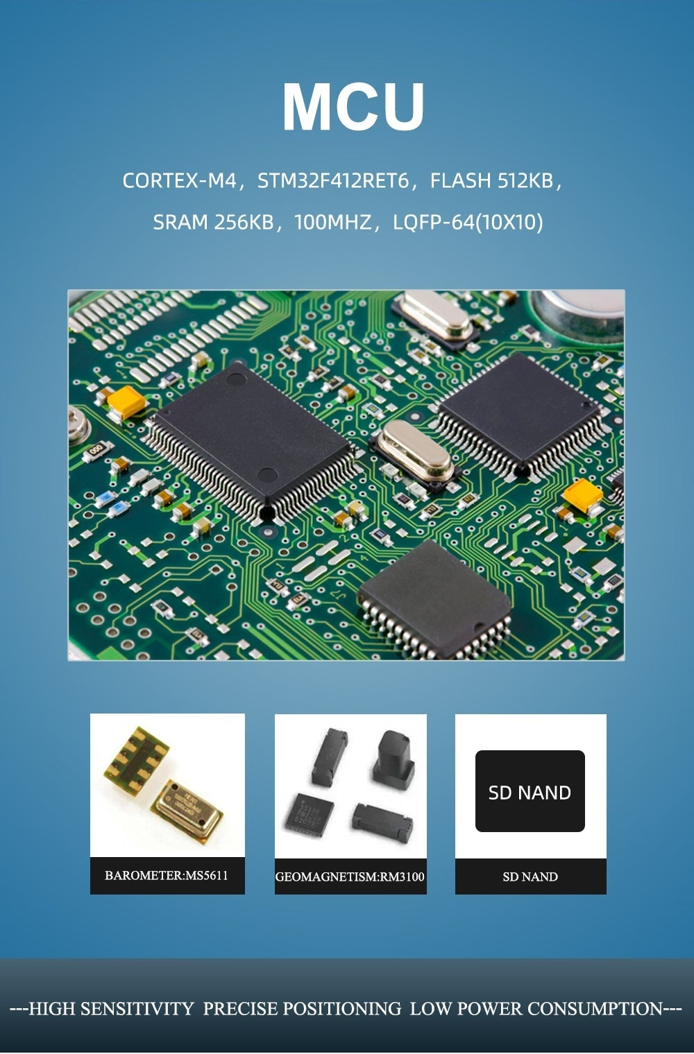 MCU and onboard components overview, including barometer and geomagnetism sensor options on the GNSS board
