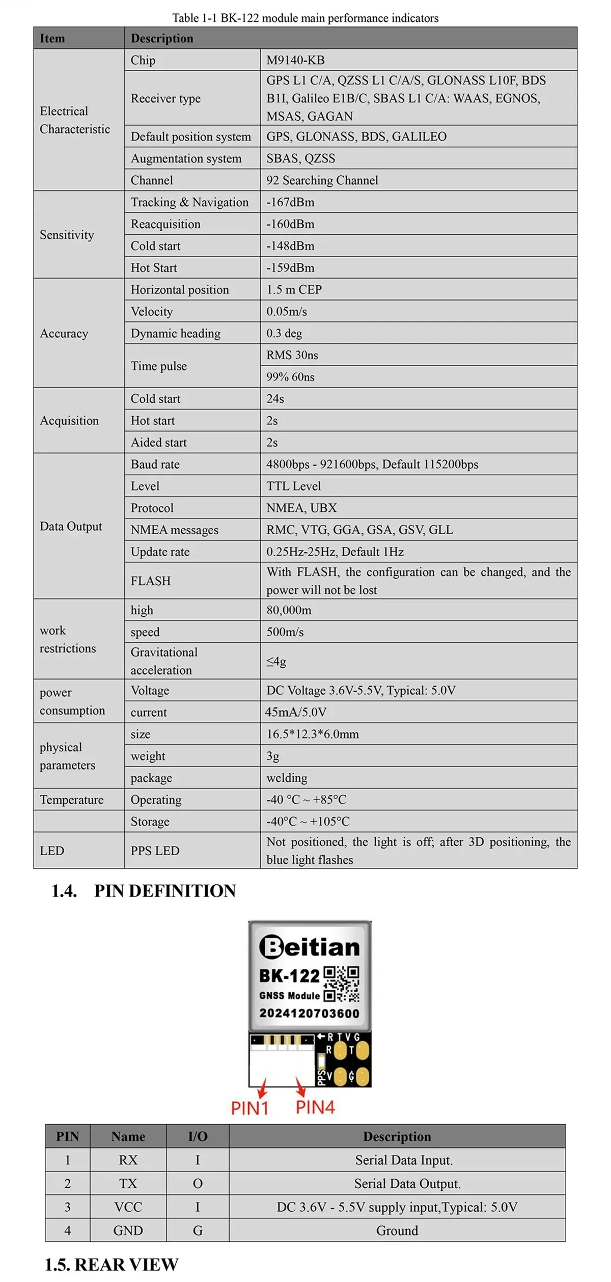 BK-122 main performance table with pin definition diagram for TX/RX/VCC/GND connections