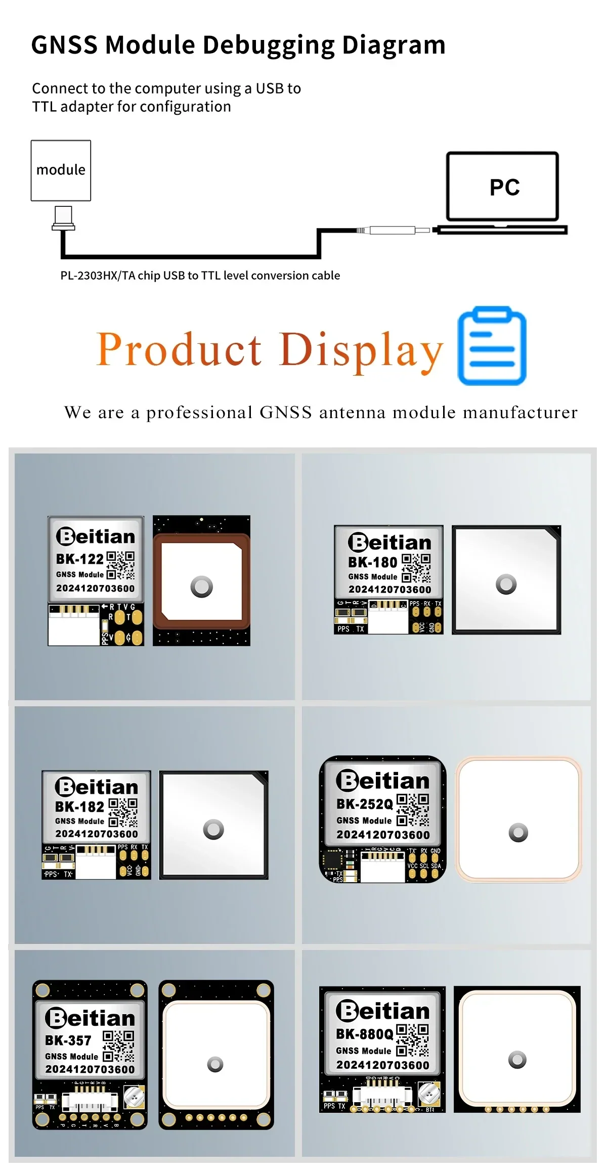 GNSS module debugging diagram (USB‑TTL to PC) and product display of multiple Beitian module variants