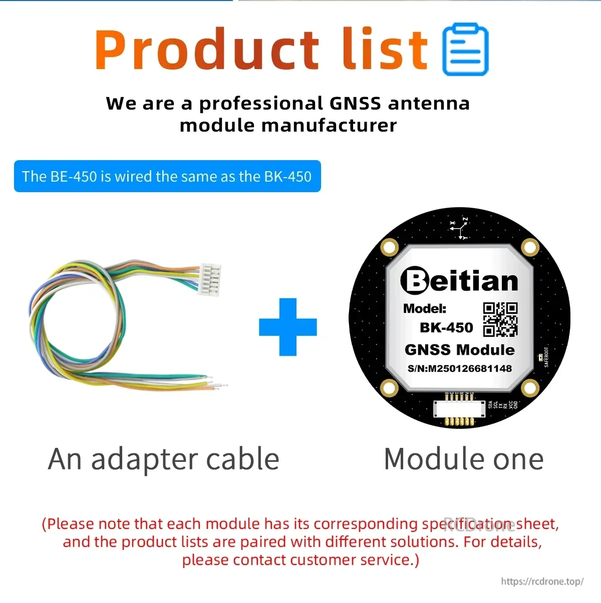 Beitian BK-450 module and adapter cable product list with BE-450 wired the same as BK-450