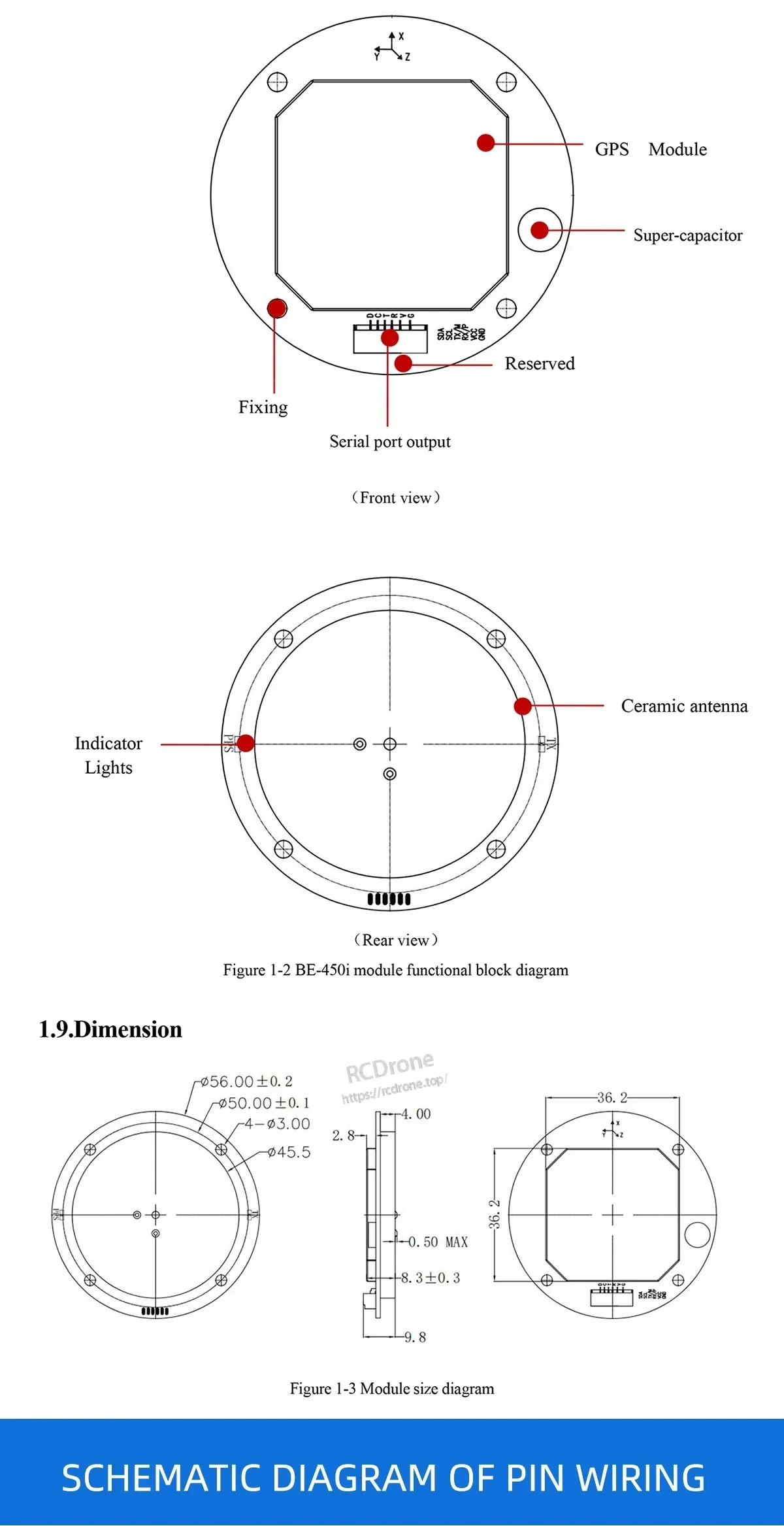 Beitian BE-450i BK-450 module block diagram, dimensions, and pin wiring schematic