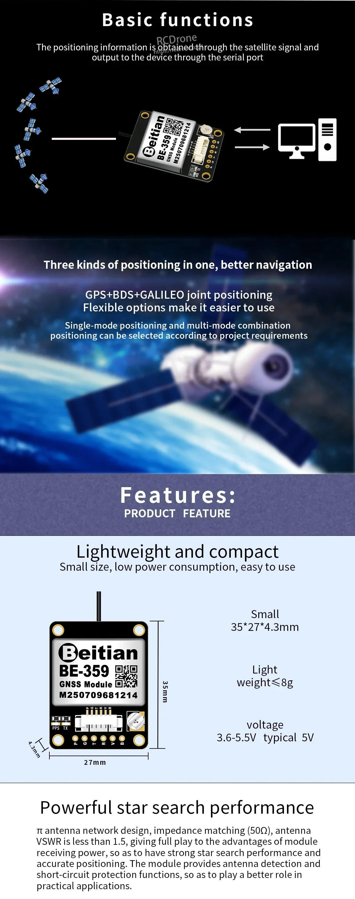 BE-289 GNSS module basic function diagram with satellite input and serial port output