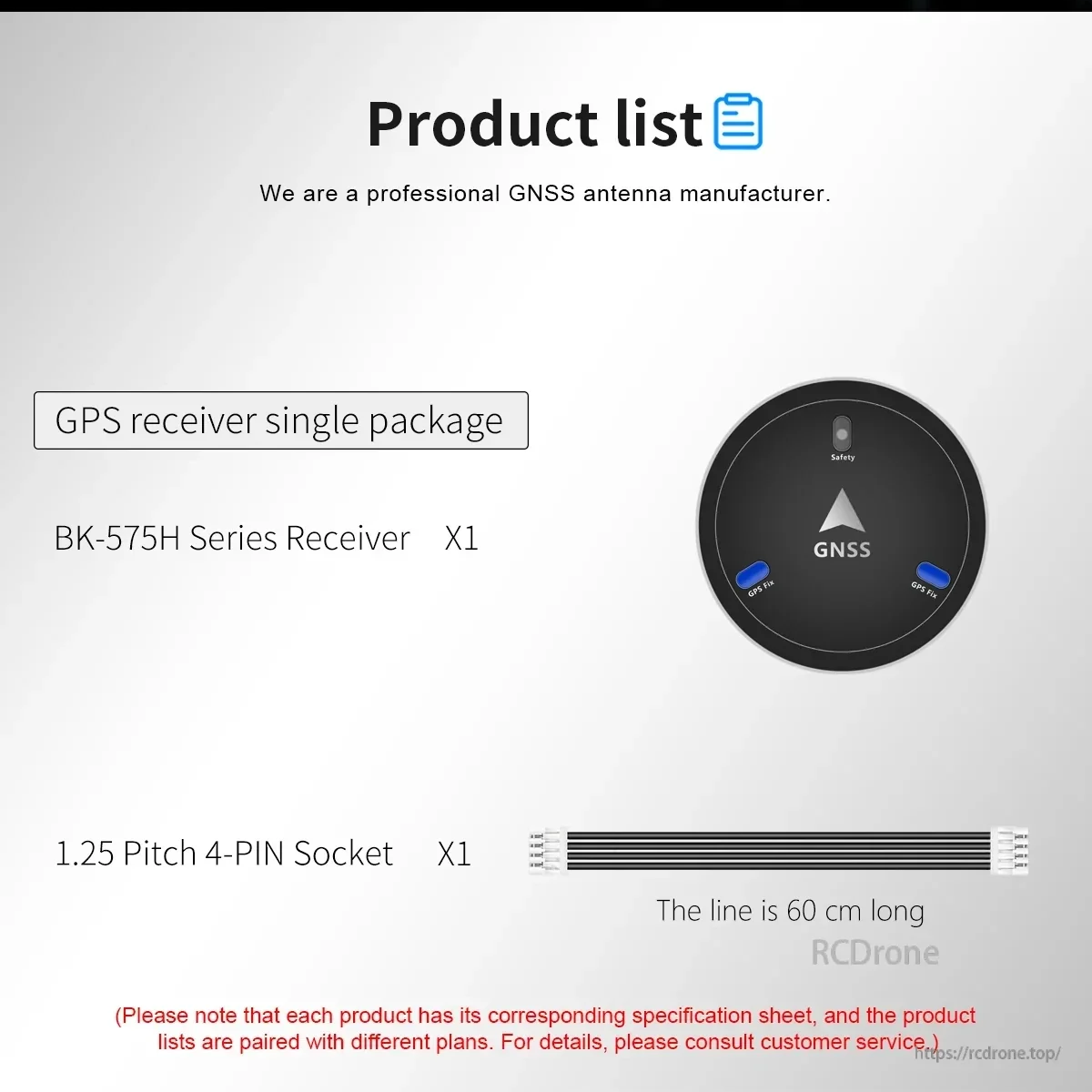 Package contents list showing BK-575H series GNSS receiver and 60 cm 4-pin cable (single package)